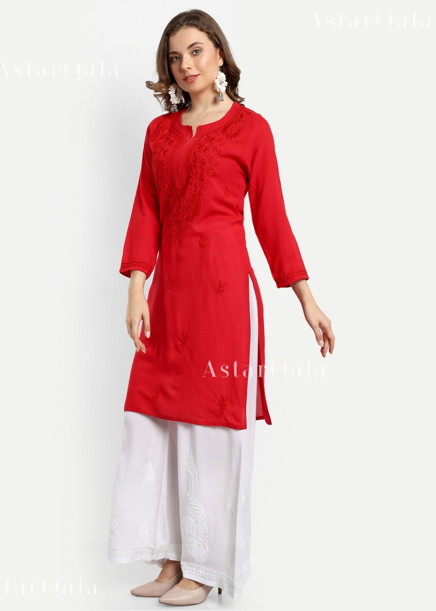 Gazala Rayon Straight Chikankari Kurta For Women - Red