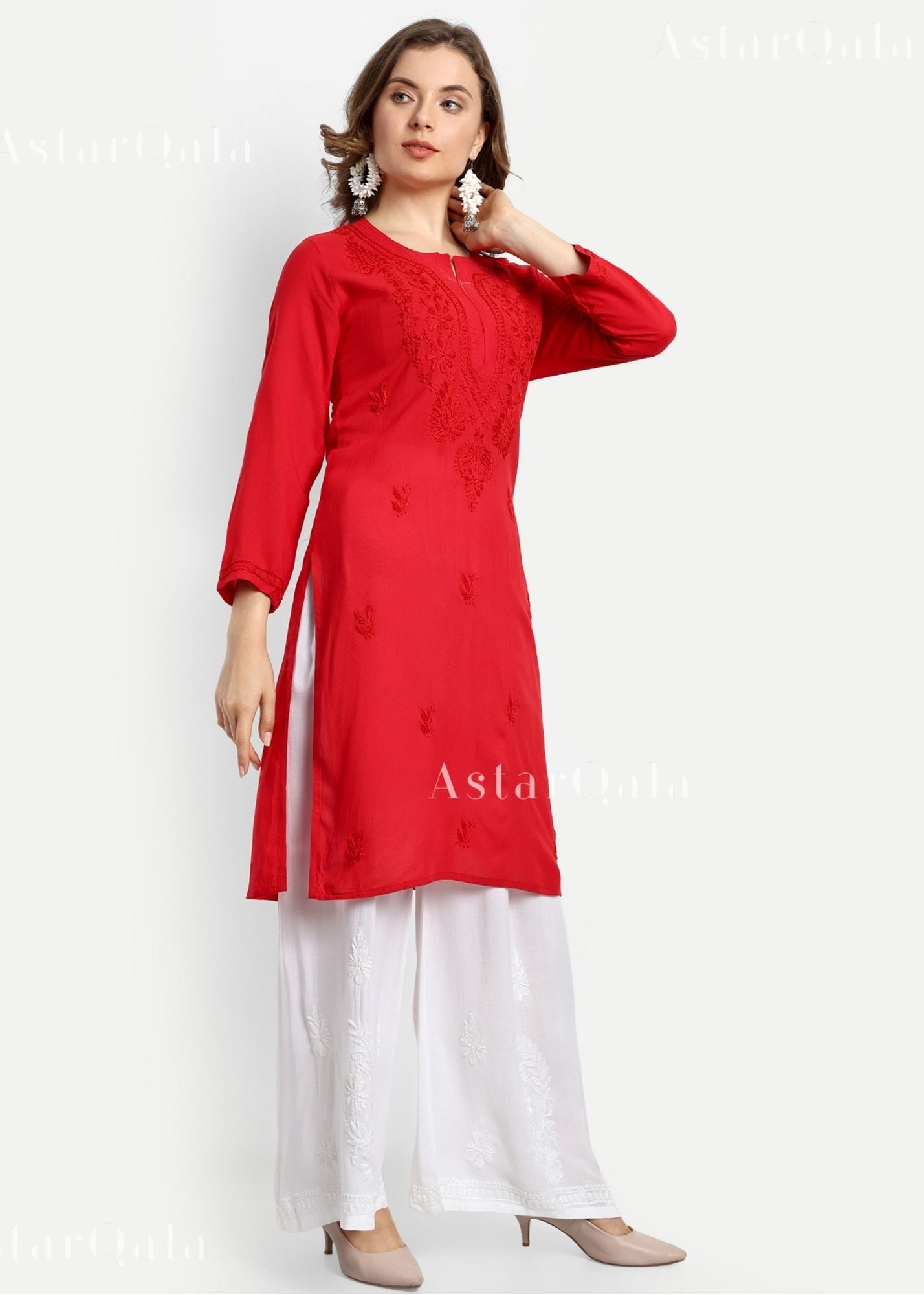 Gazala Rayon Straight Chikankari Kurta For Women - Red