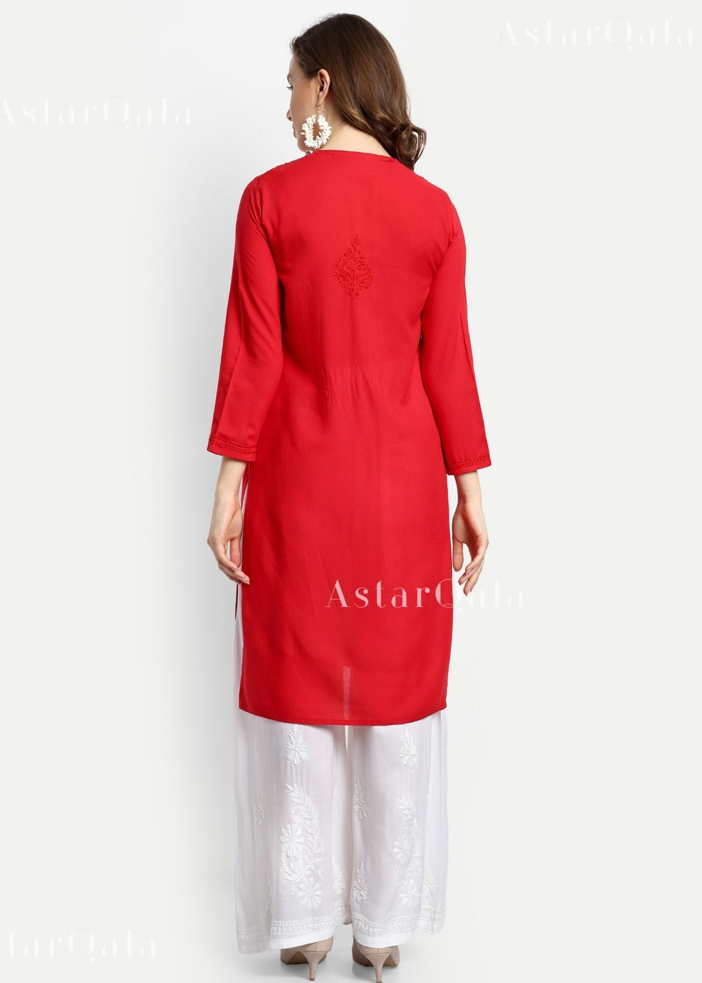 Gazala Rayon Straight Chikankari Kurta For Women - Red