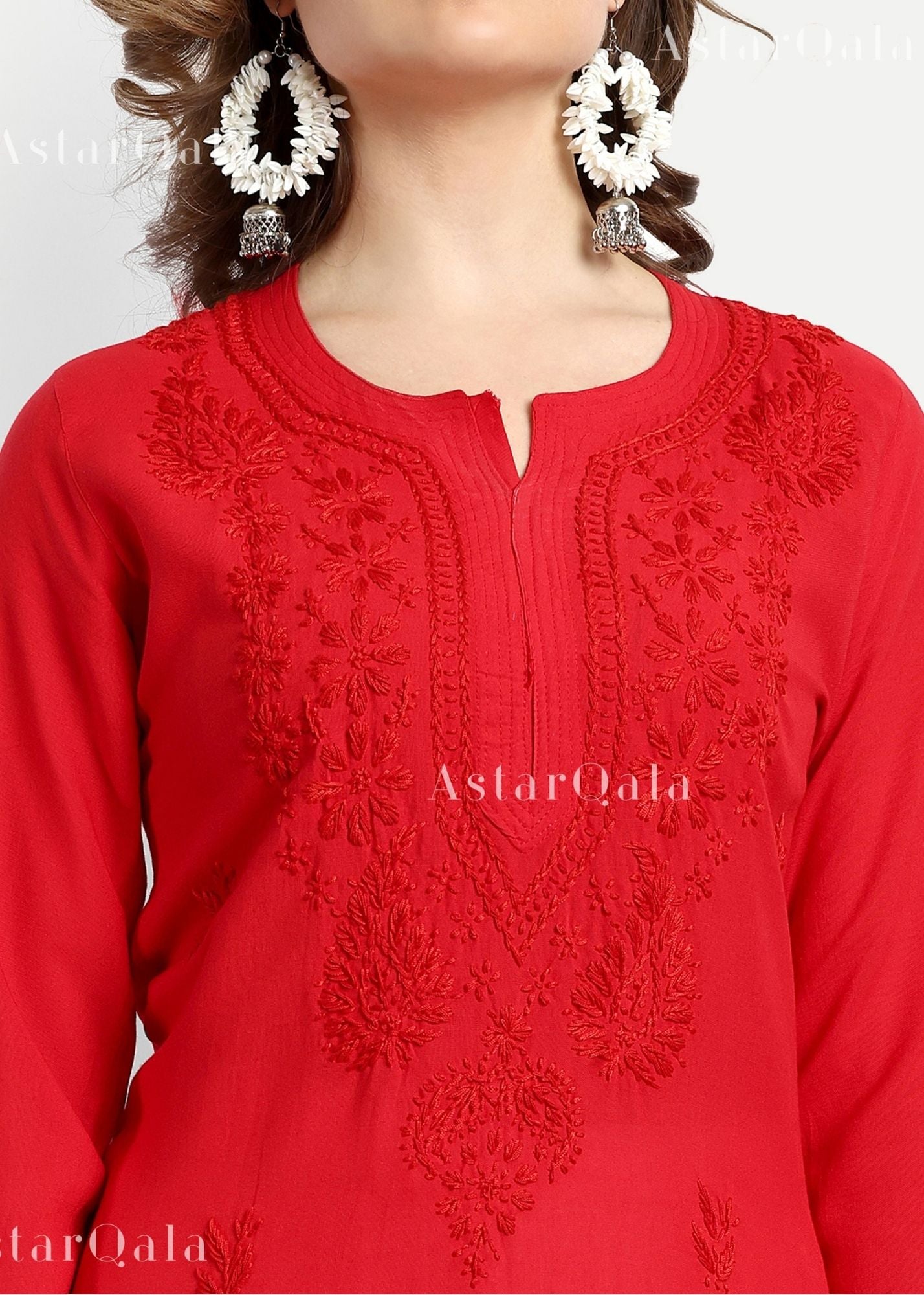 Gazala Rayon Straight Chikankari Kurta For Women - Red