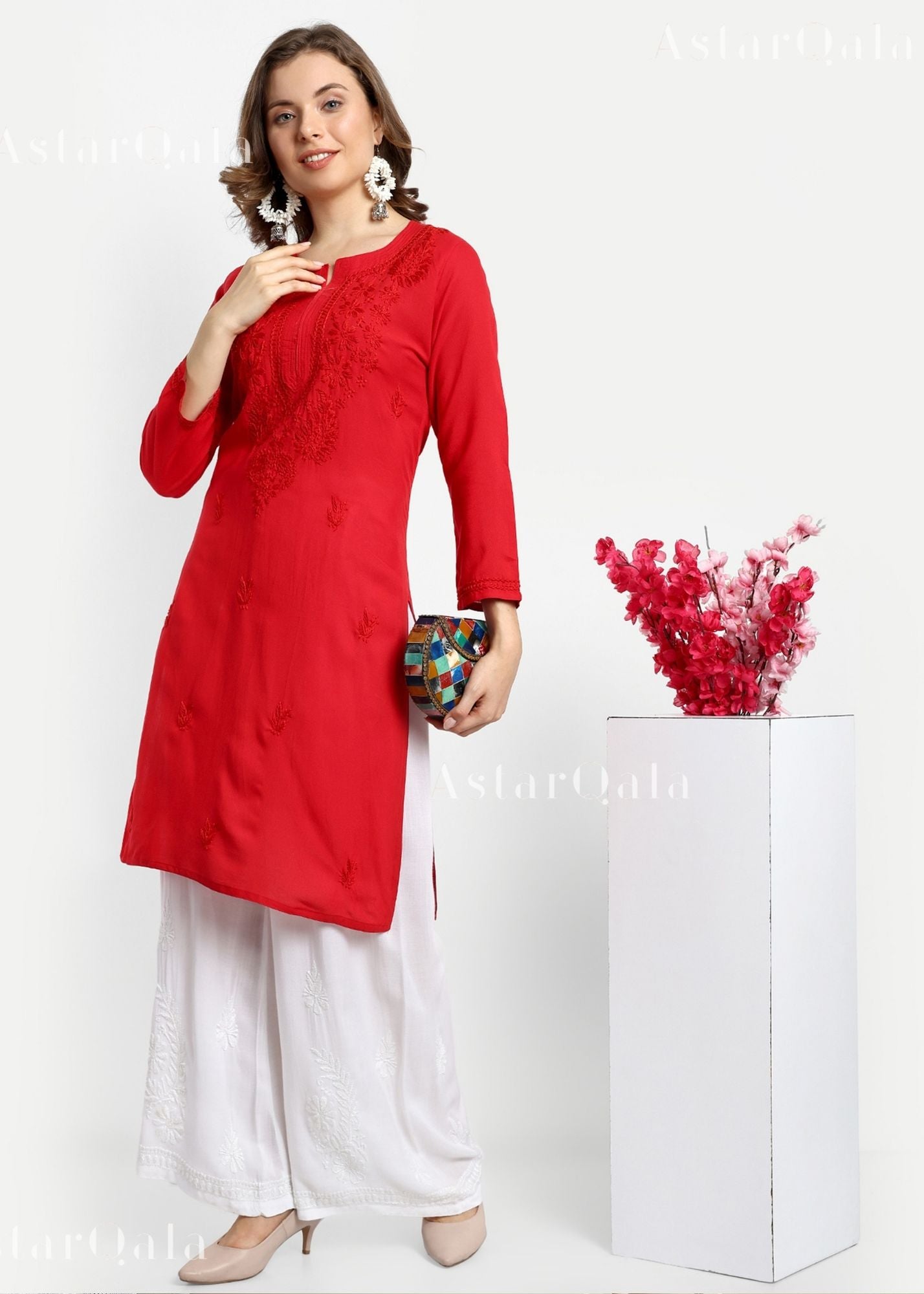 Gazala Rayon Straight Chikankari Kurta For Women - Red