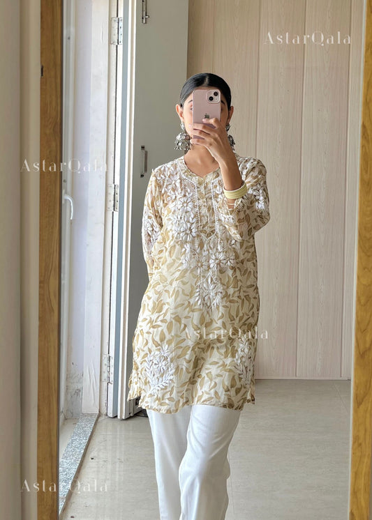 Iza Straight Chiffon Chikankari Printed Short Kurta Top For Women