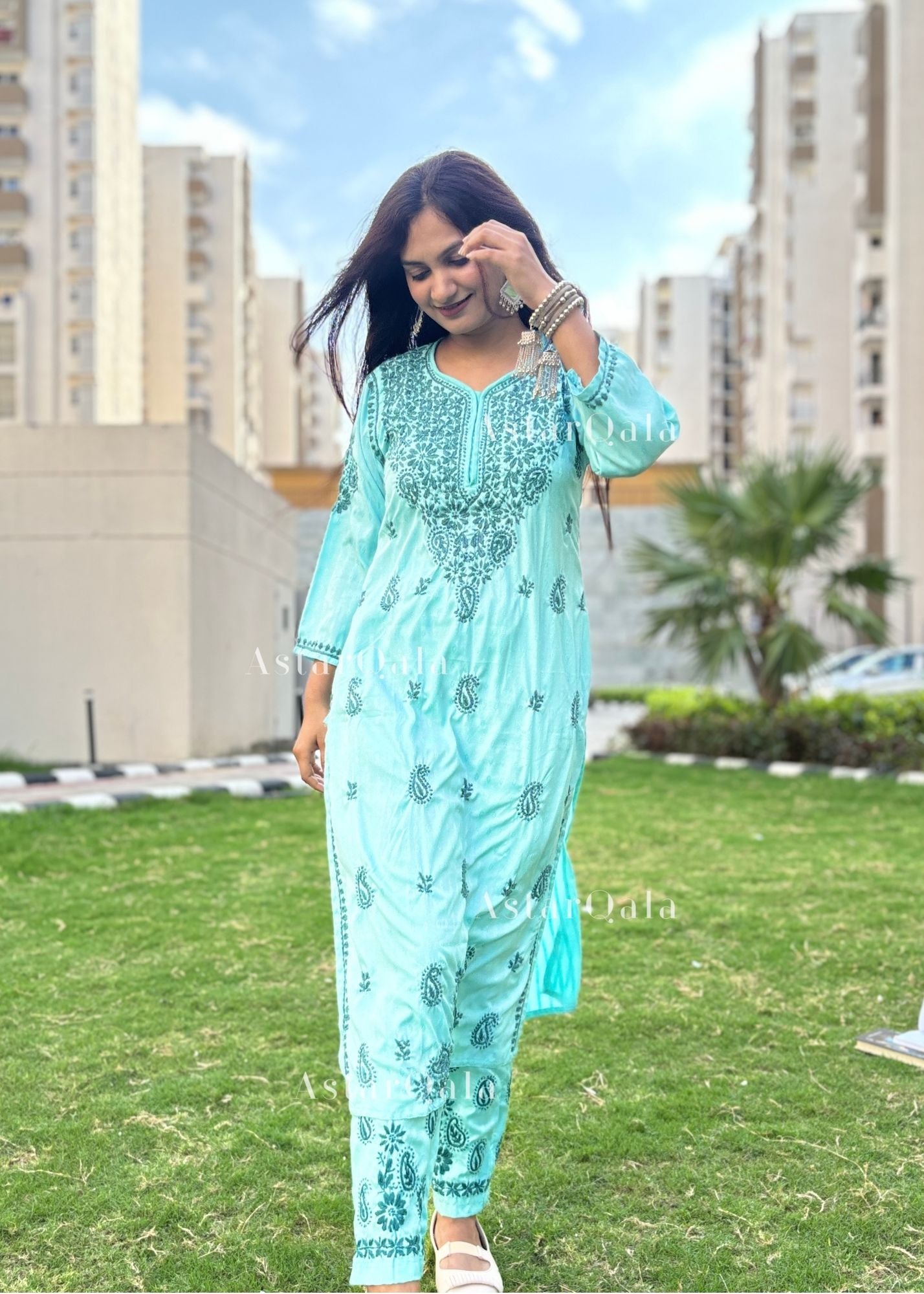 AstarQala - Jannat Chikankari Rayon 2 Piece Kurta & Pant Set - Blue - 128_5d0c9736-0bd6-40f5-99a5-6b024f336396