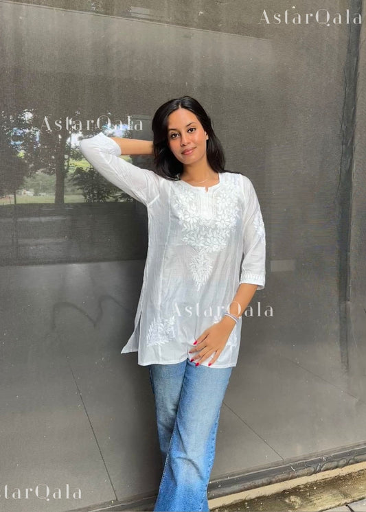 Nura Chanderi Straight Chikankari Short Kurti Top - Kashmiri & Lucknowi