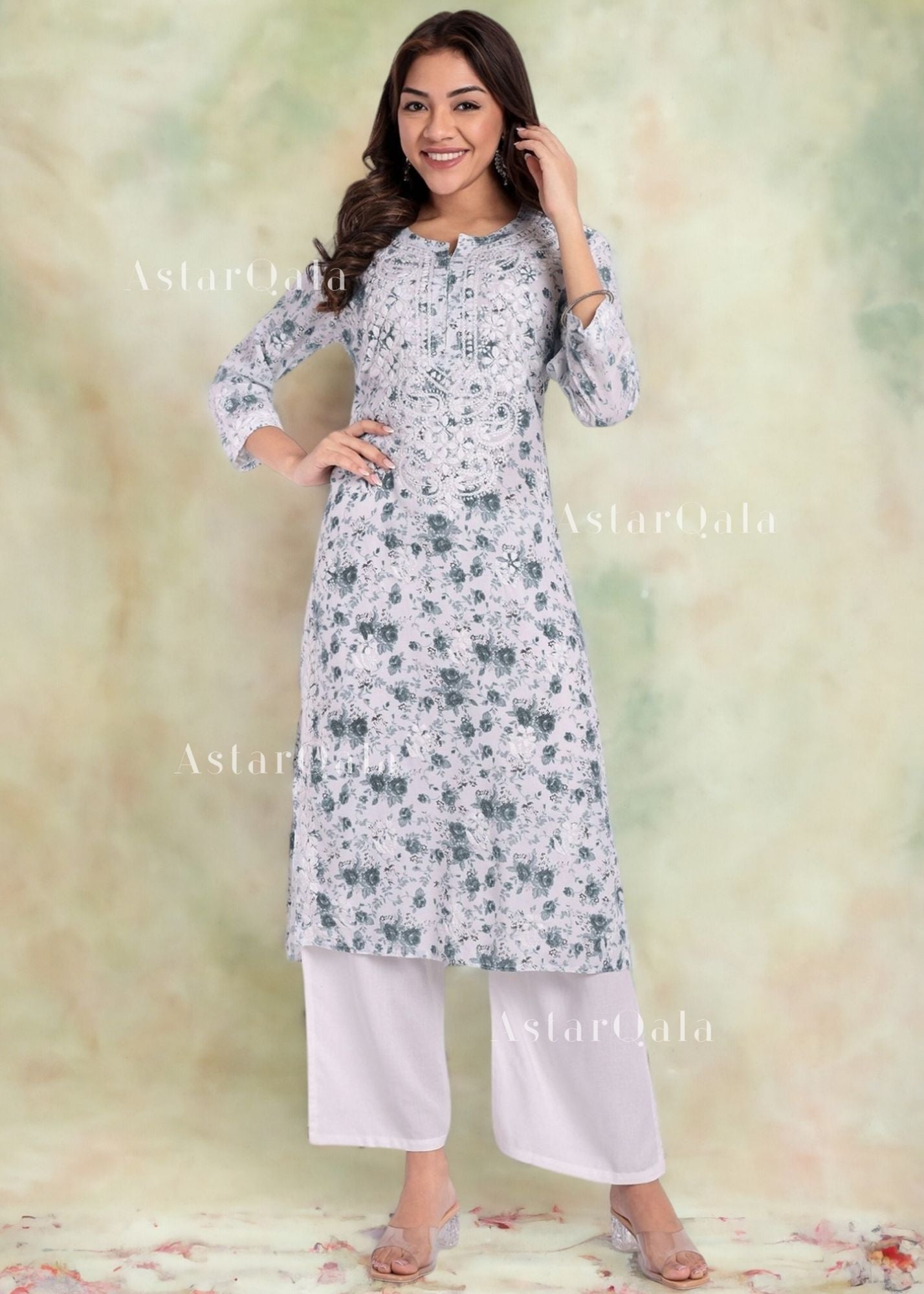 AstarQala - Zoya Mulmul Chikankari Printed Women's Kurta - Grey - 157