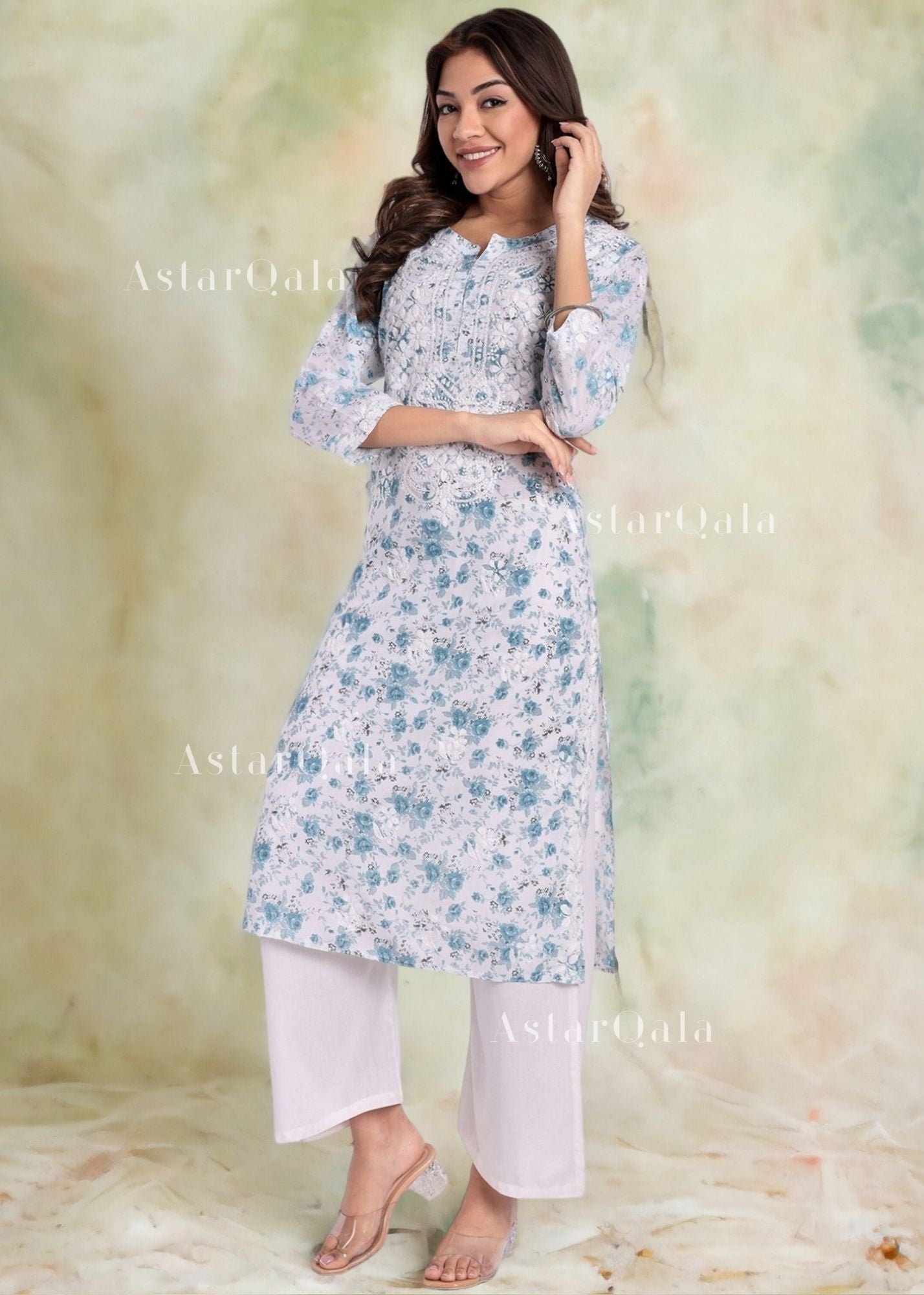 AstarQala - Zoya Mulmul Chikankari Printed Women's Kurta - Blue - 163_2b915481-45da-4f7e-884c-620078de2054