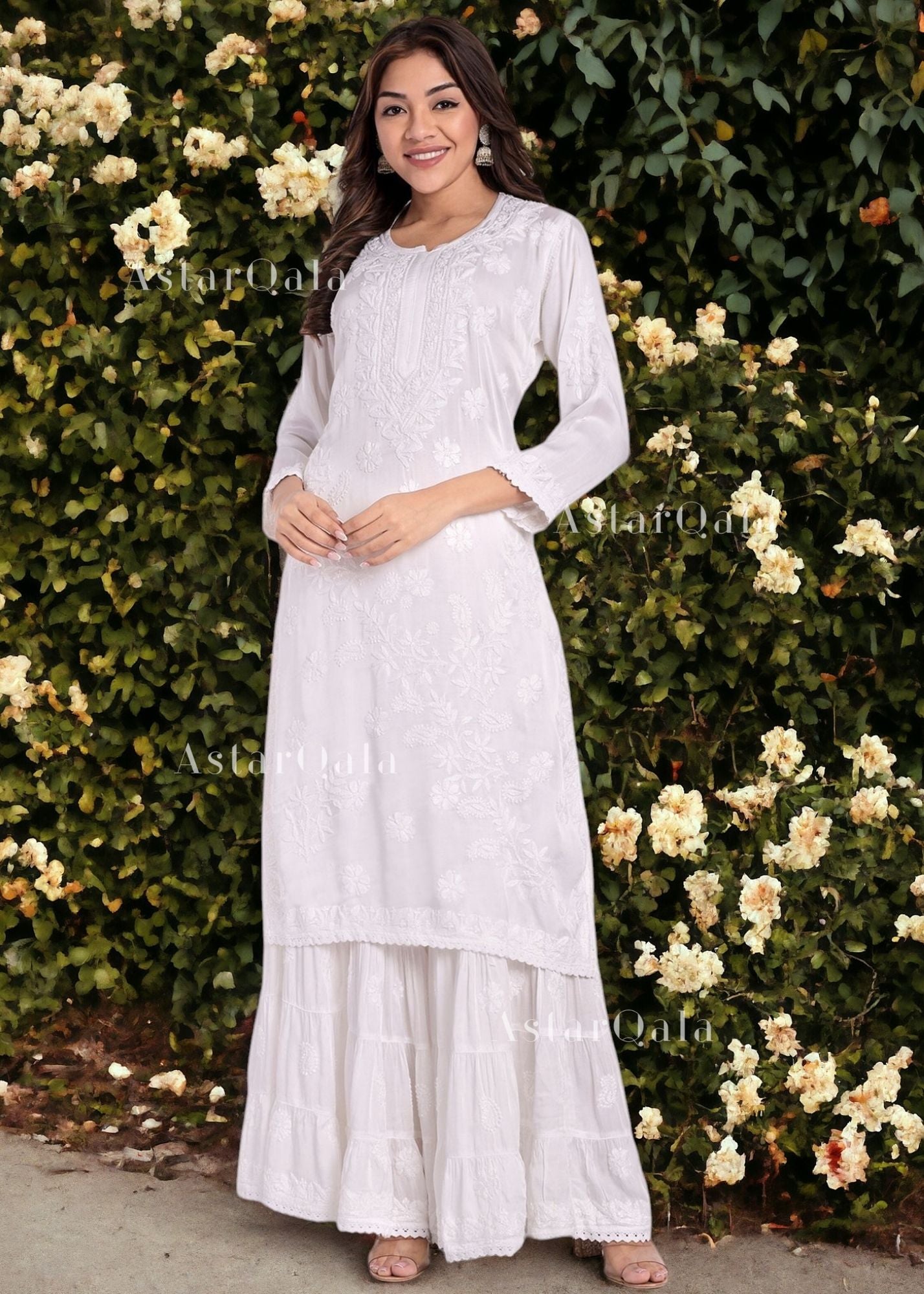 AstarQala - Daani Chaikankari Muslin Modal 2 Piece Kurta & Sharara Set For Women's - White - 167_344661fb-ea0a-4b1f-b407-b9eeb7daface