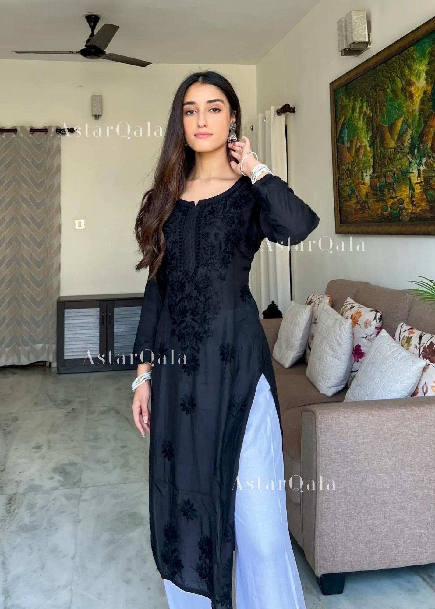 AstarQala - Mehar Chanderi Chikankari Straight Long Kurta For Women - Black - 172