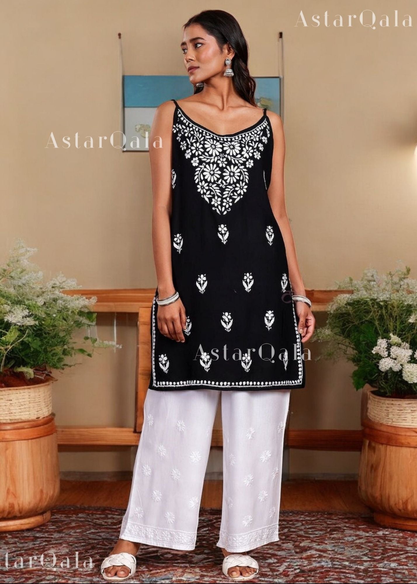 AstarQala - Kaya Strap Long Rayon Chikankari Kurti - Black - 178_36544372-e1a9-4877-8d5d-5828dc578133