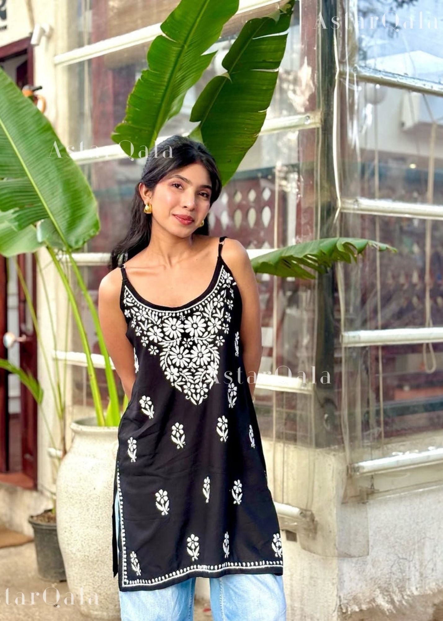 AstarQala - Kaya Strap Long Rayon Chikankari Kurti - - 179_4923230e-1f5e-4f3e-966f-2f3947b90c61