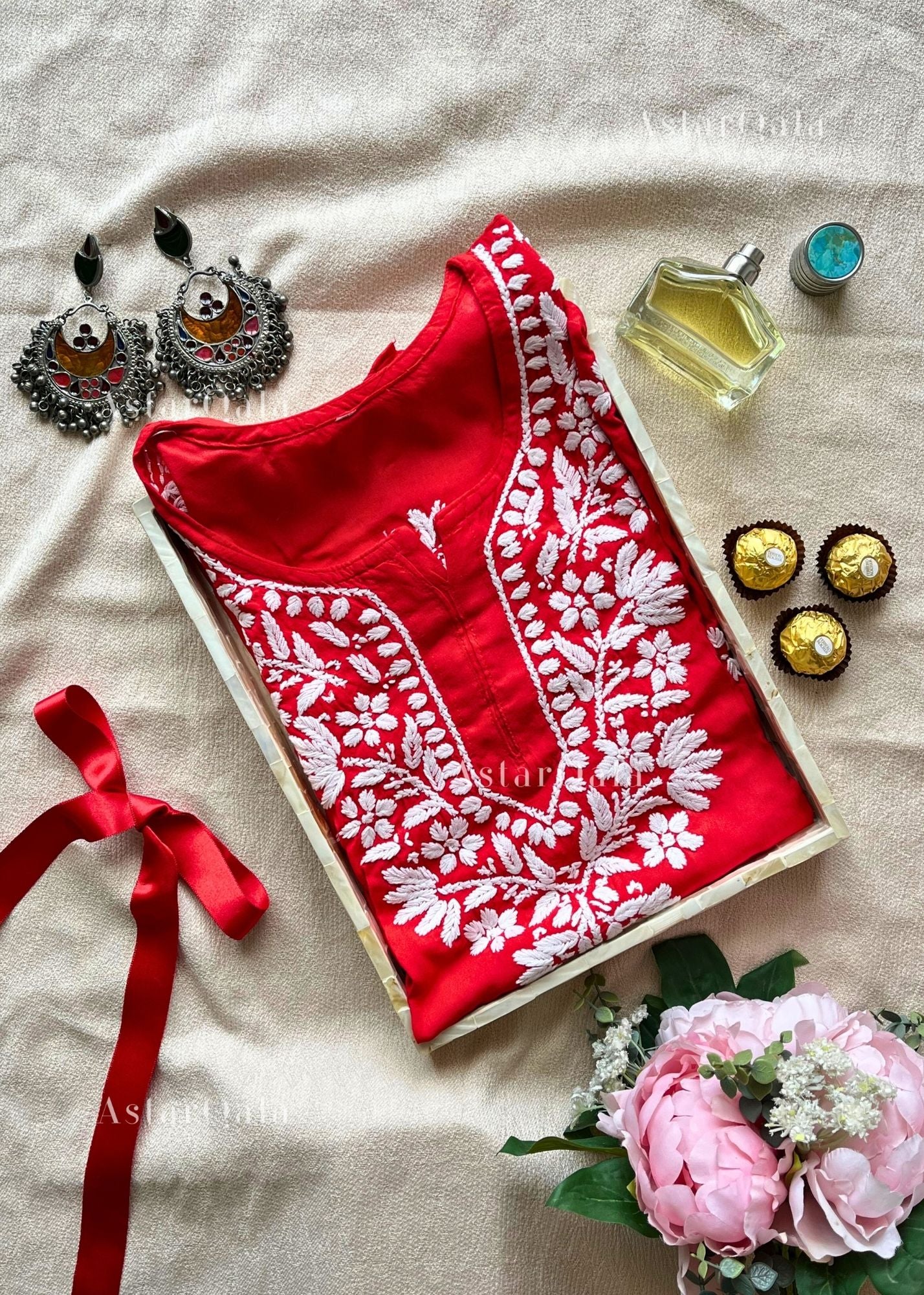 AstarQala - Hamna Rayon Chikankari Straight Short Kurta For Women - Red - 18