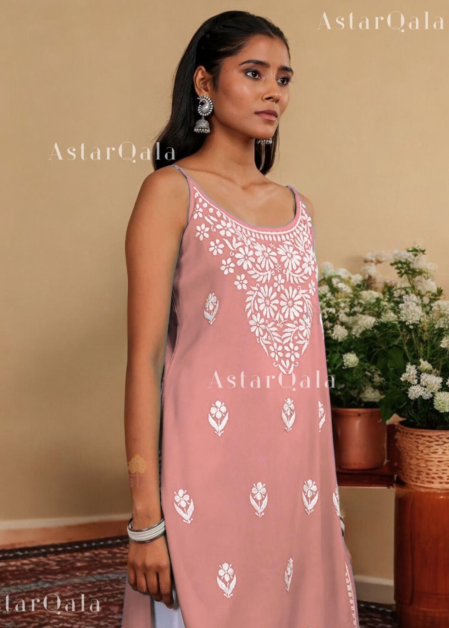 AstarQala - Kaya Strap Long Rayon Chikankari Kurti - Peach - 189_390c1ef7-c142-4d23-be77-565b0d7c5cc6