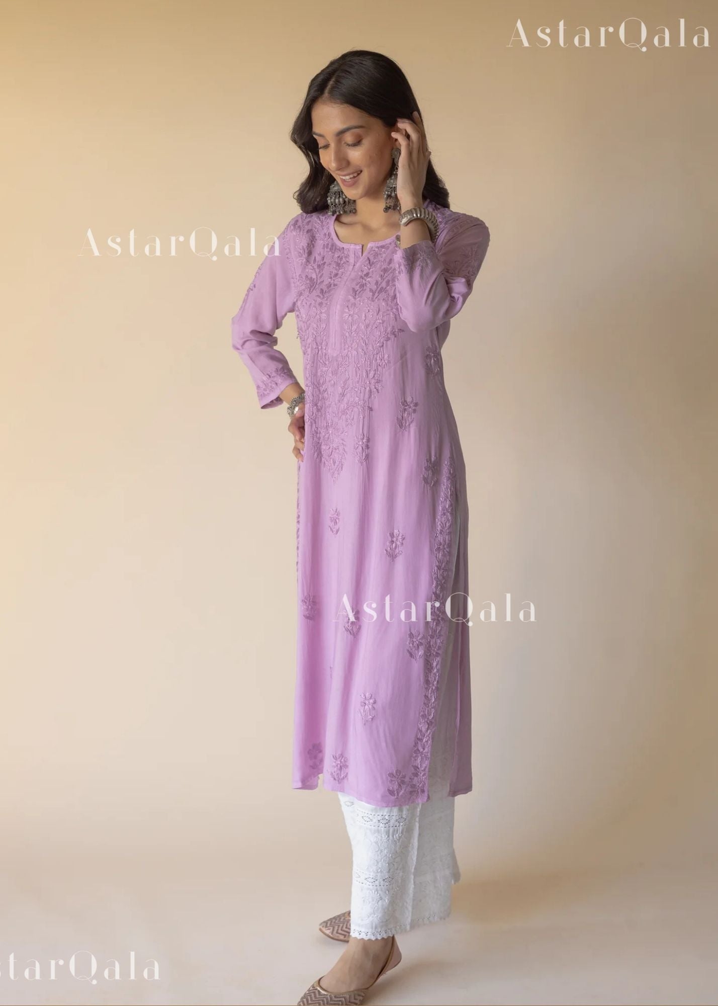 AstarQala - Bahaa Modal Long Chikankari Kurta For Women - Lilac - 192_d3a899ed-0abe-45d4-9138-40a4e4ac5282