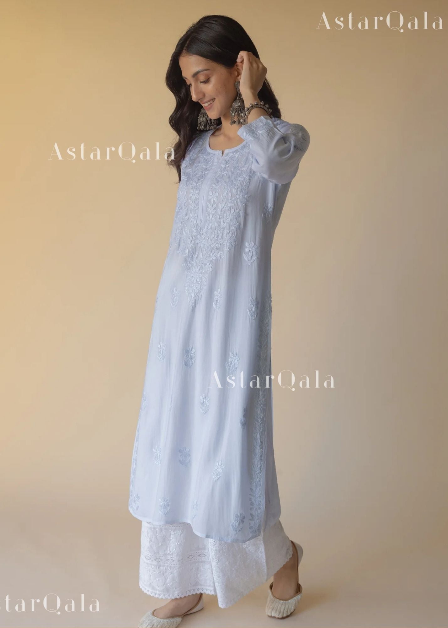 AstarQala - Bahaa Modal Long Chikankari Kurta For Women - Blue - 197_4081559d-b342-4309-a6ef-44b83fe5e1f1