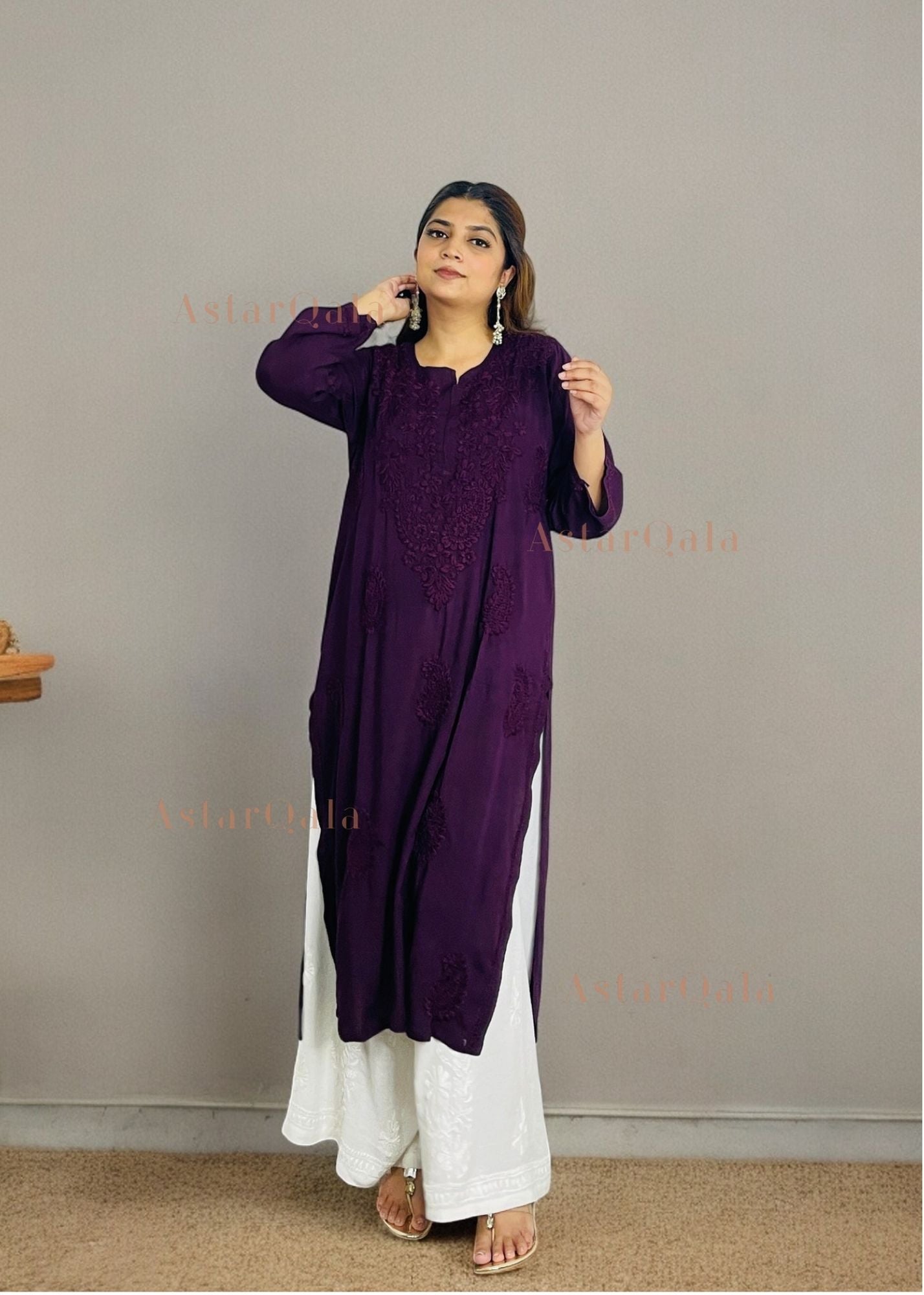 AstarQala - Safina Rayon Cotton Chikankari Solid Women's Long Kurta - Wine - 20