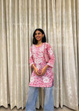 Iza Straight Chiffon Chikankari Printed Short Kurta Top For Women