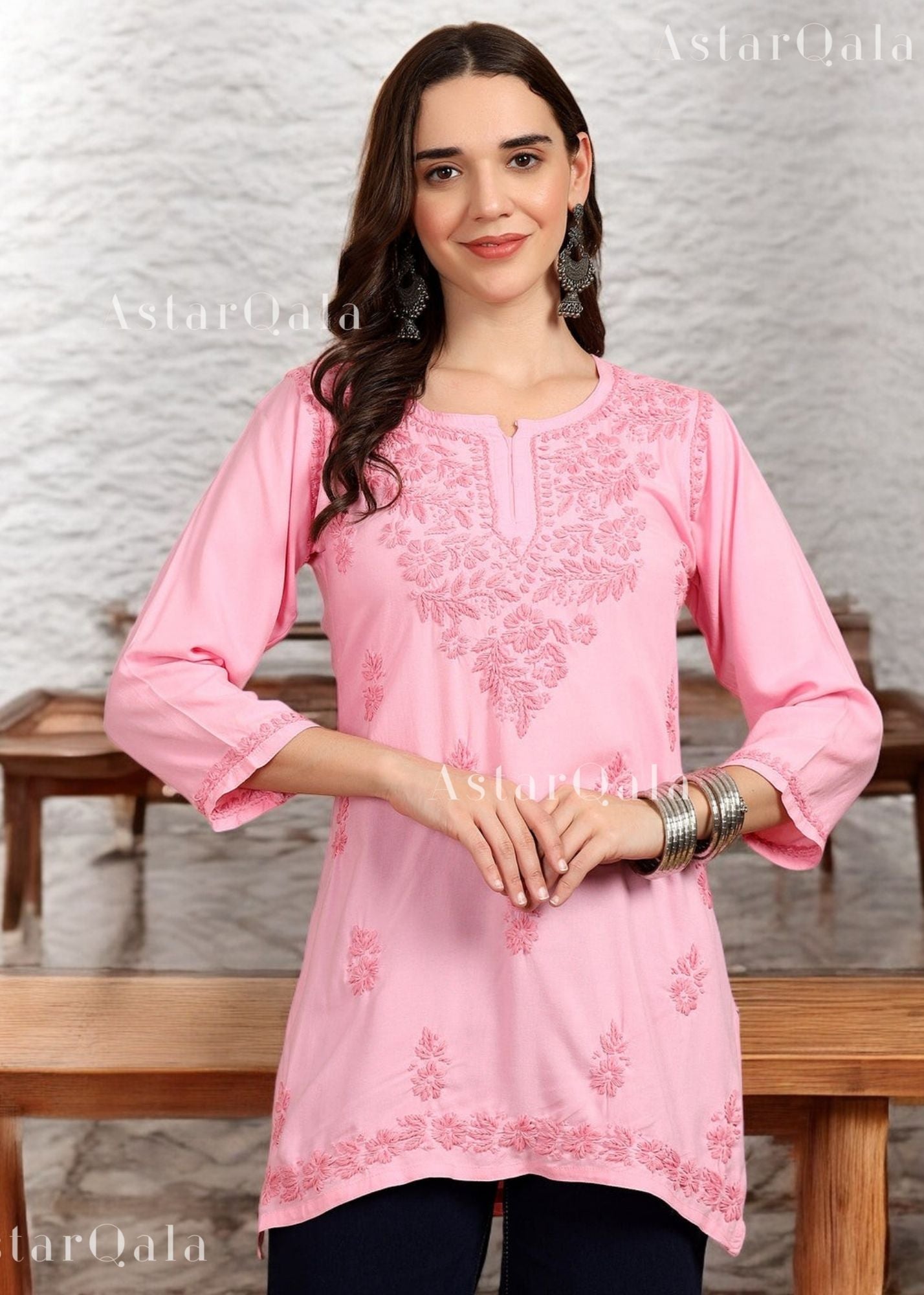 AstarQala - Taya Chikankari Rayon Short Kurti Top - Pink - 222_e6bfeef8-ca31-4305-9fcd-a953d18ab747