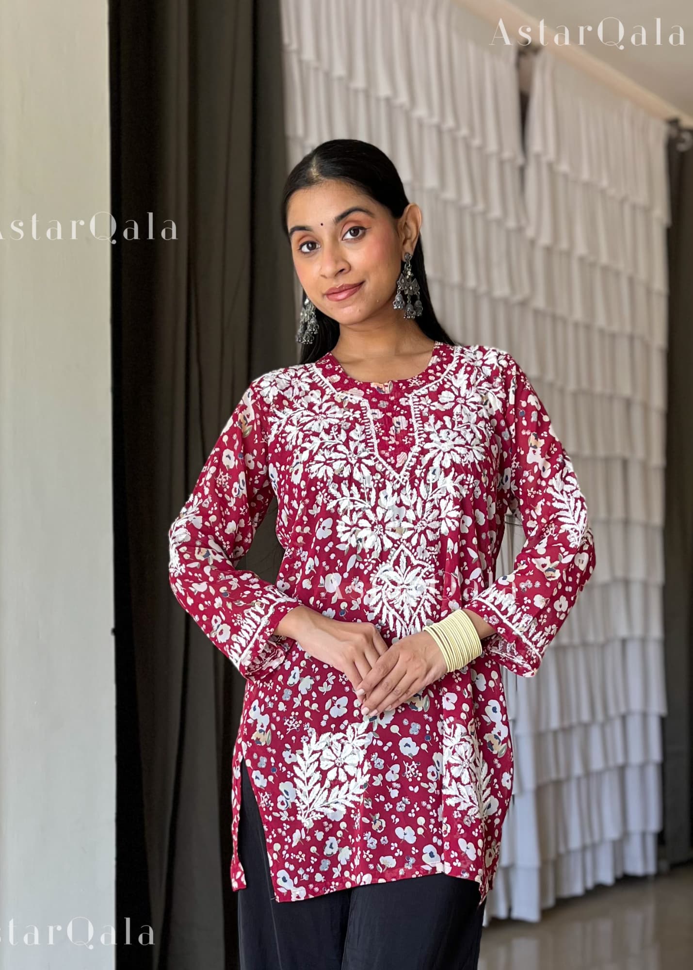 AstarQala - Aiish Straight Chiffon Chikankari Printed Short Kurta Top For Women - - 226