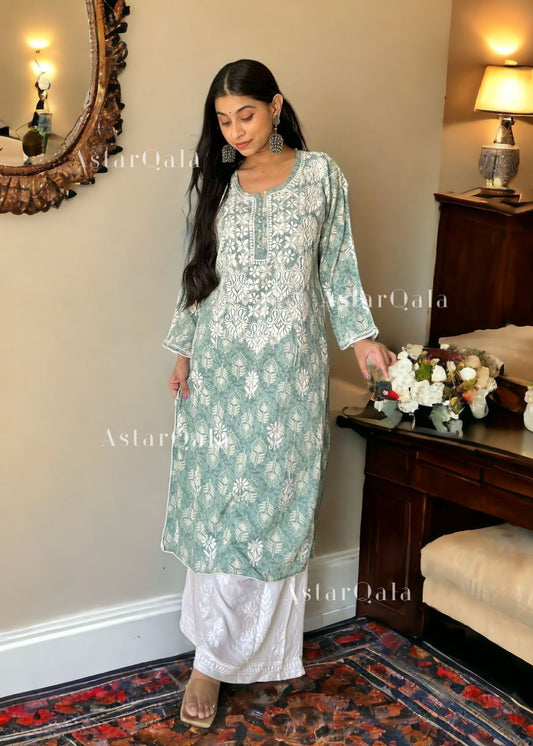 Modal Chikankari Printed Women's Long Kurta - Green