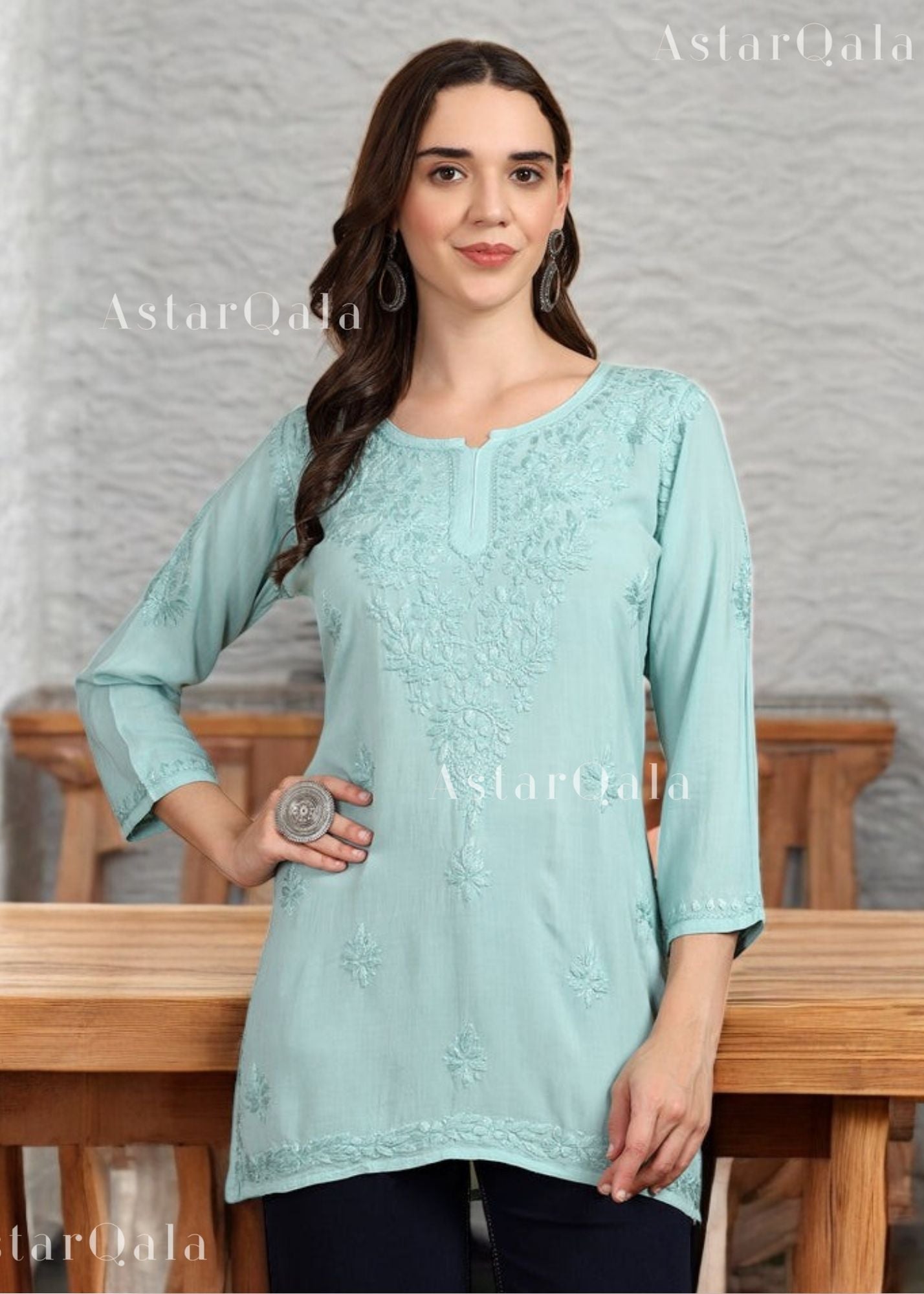 AstarQala - Taya Chikankari Rayon Short Kurti Top - Green - 228_1d4689b7-2f6b-42d7-83e3-b2dddc850fe2