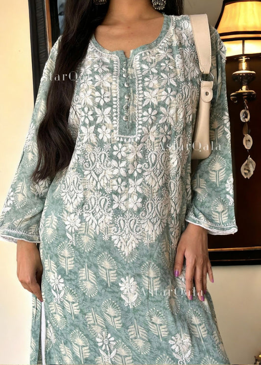 Modal Chikankari Printed Women's Long Kurta - Green