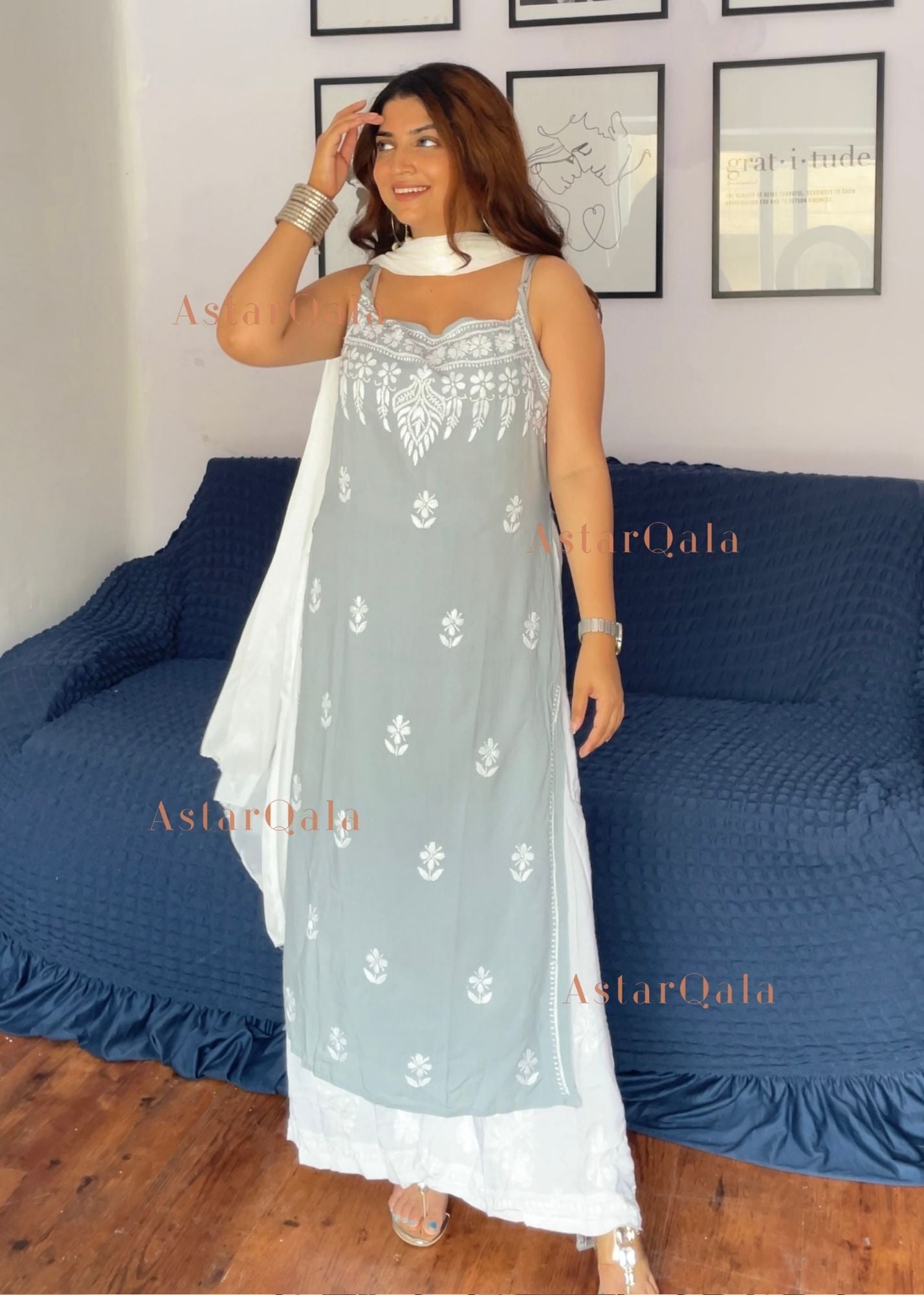 AstarQala - Bushra Rayon Chikankari Sleeveless Long Strap Kurti - Gray Kurti - 229_aa380674-b033-4091-abbc-2a940505c523
