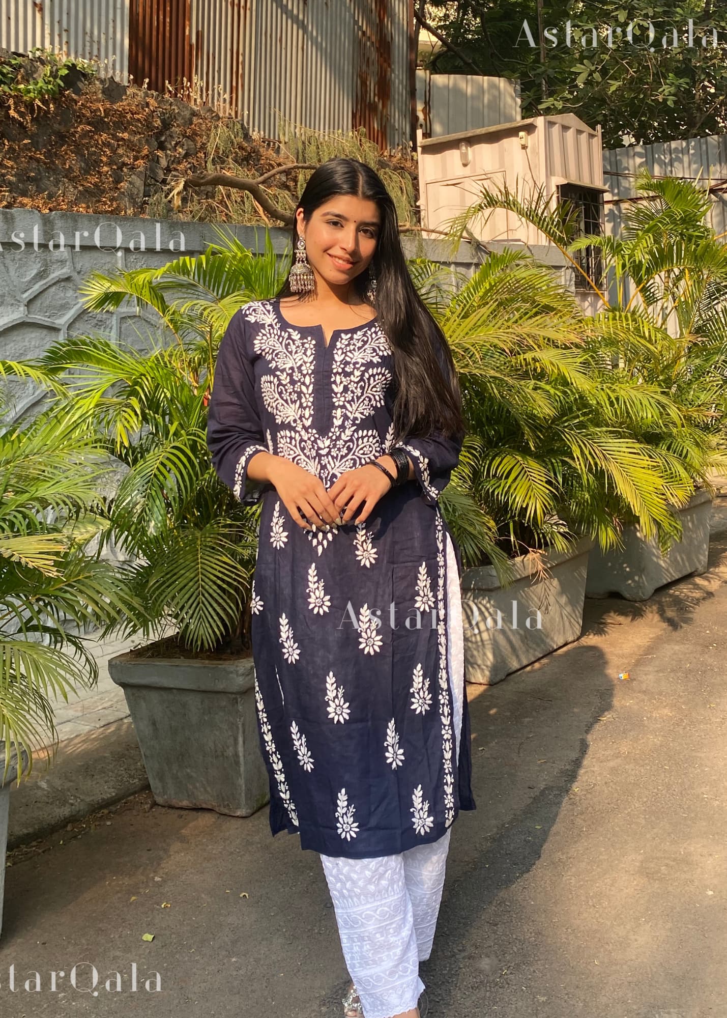 AstarQala - Naina Mulmul Straight Chikankari Kurta For Women - Blue - 237