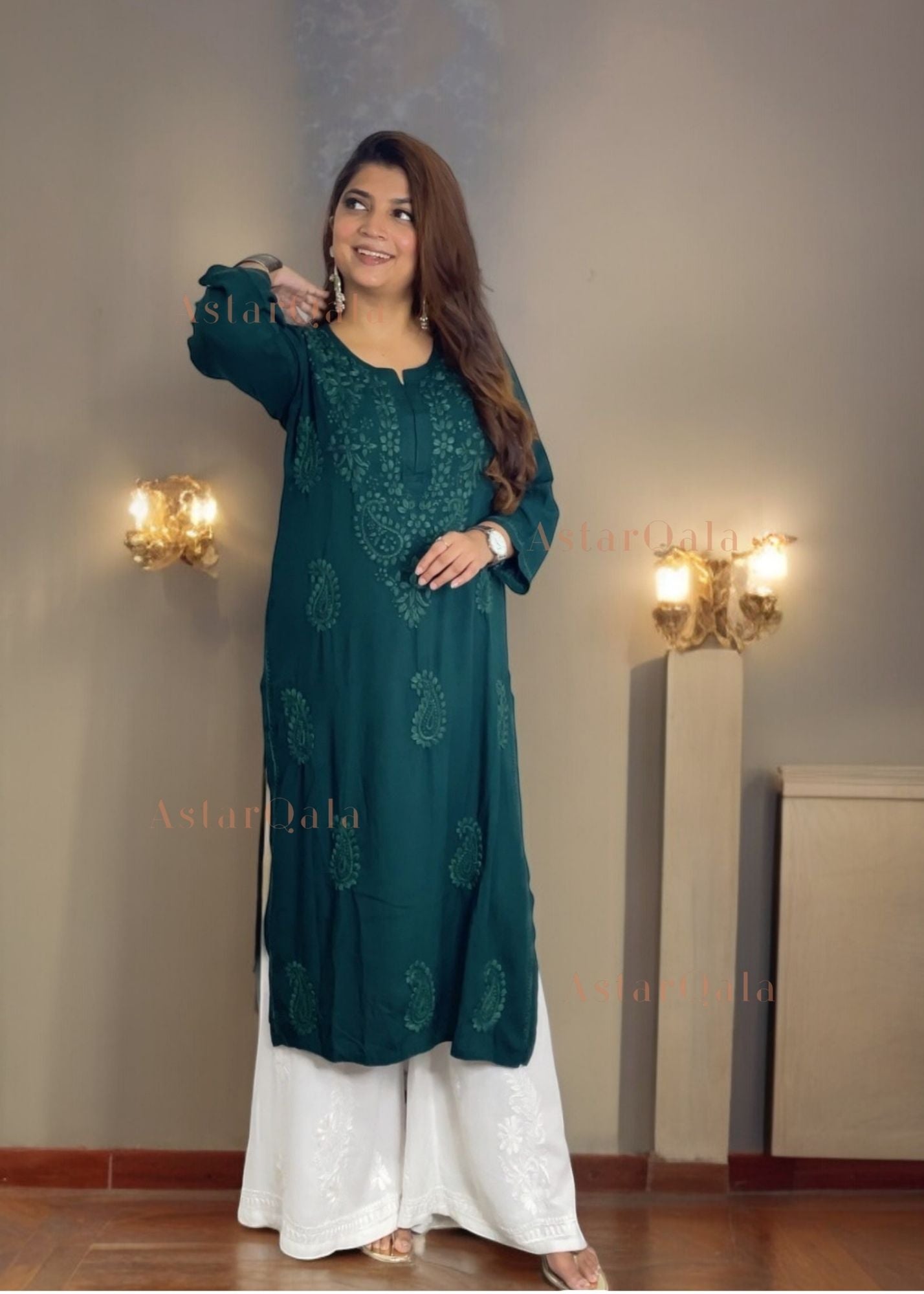 AstarQala - Safina Rayon Cotton Chikankari Solid Women's Long Kurta - Green - 25