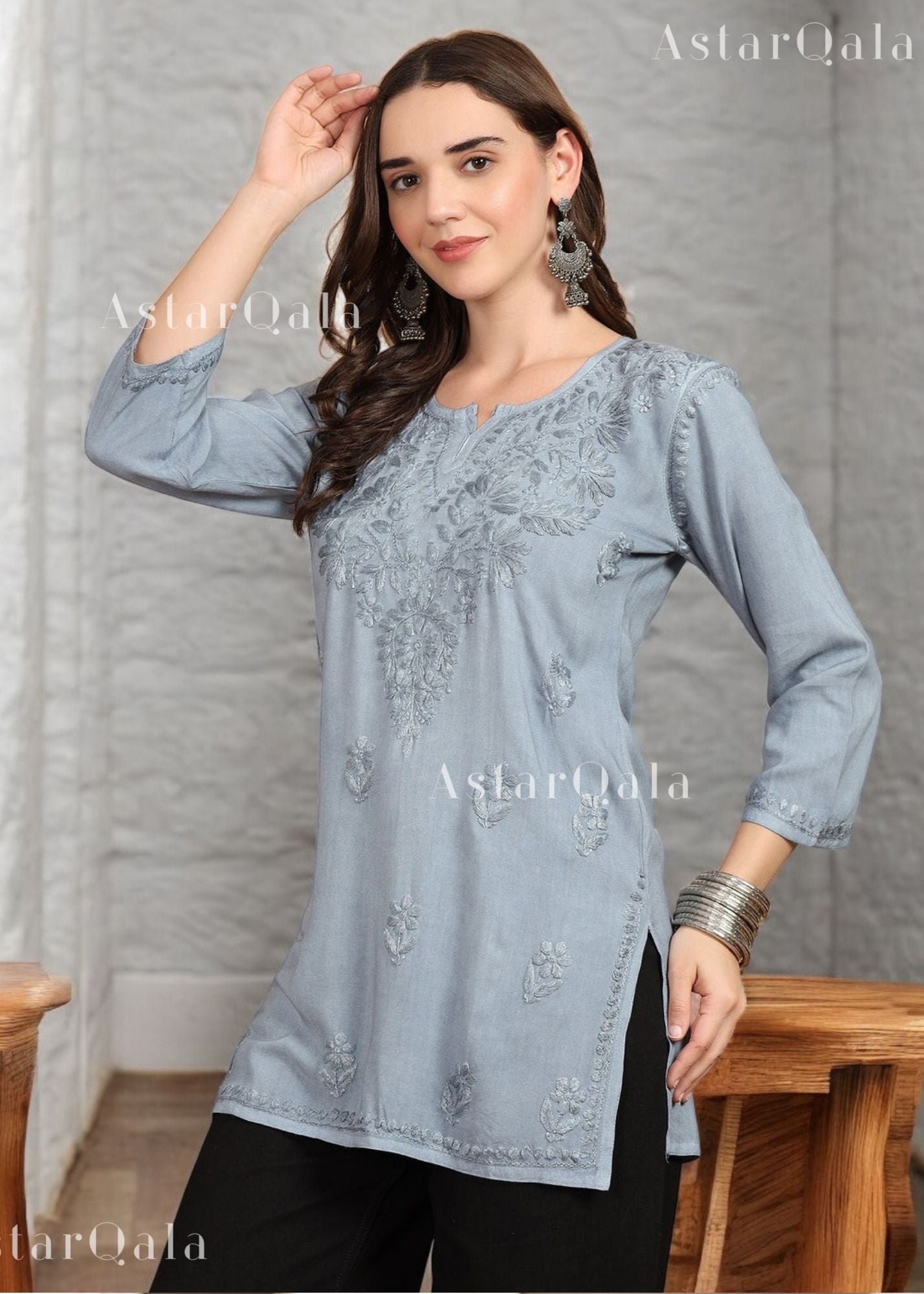 AstarQala - Taya Chikankari Rayon Short Kurti Top - Gray - 250_dc50f338-6ec5-4c22-9f5c-b9df00419120