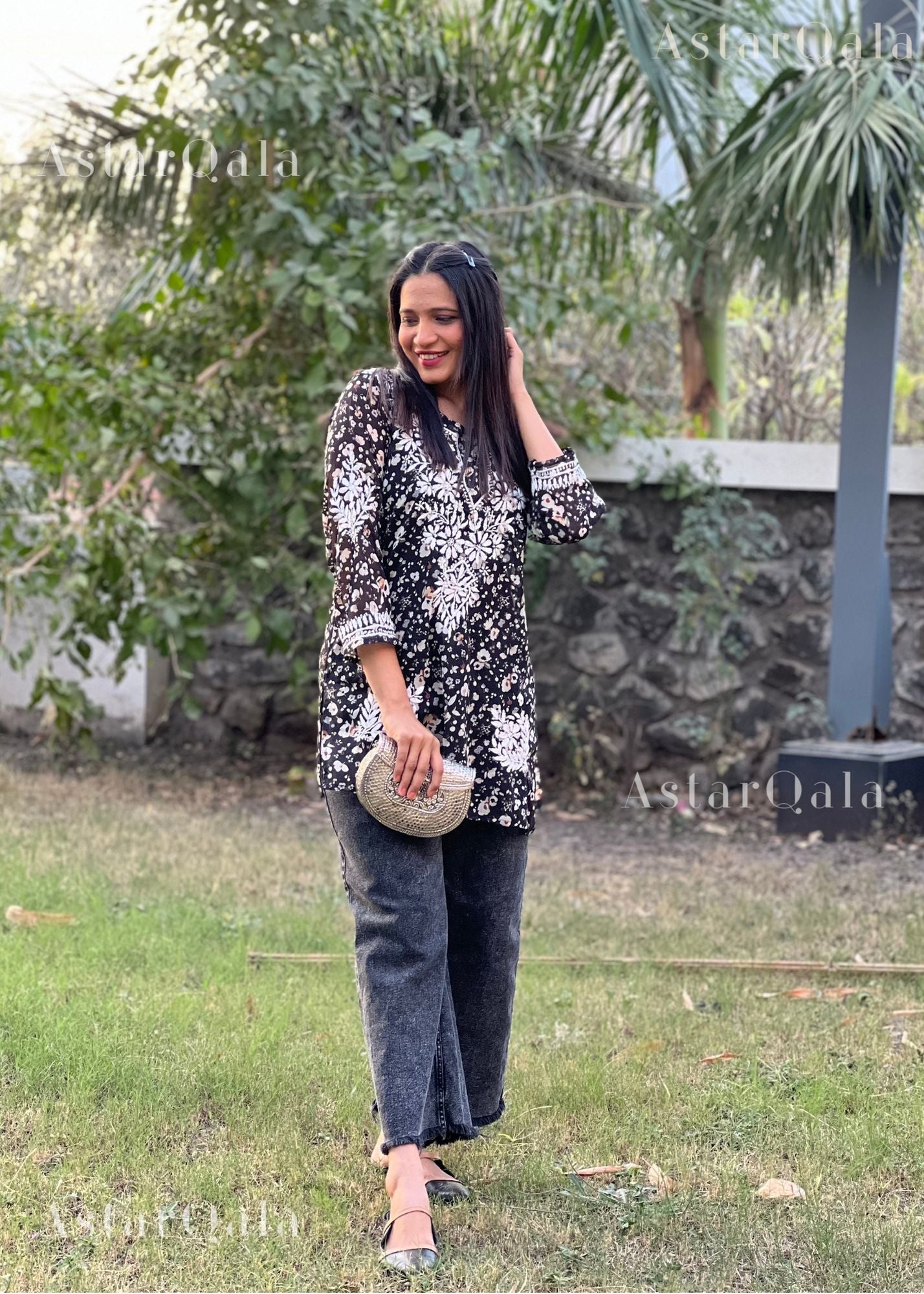 AstarQala - Aiish Straight Chiffon Chikankari Printed Short Kurta Top For Women - - 255