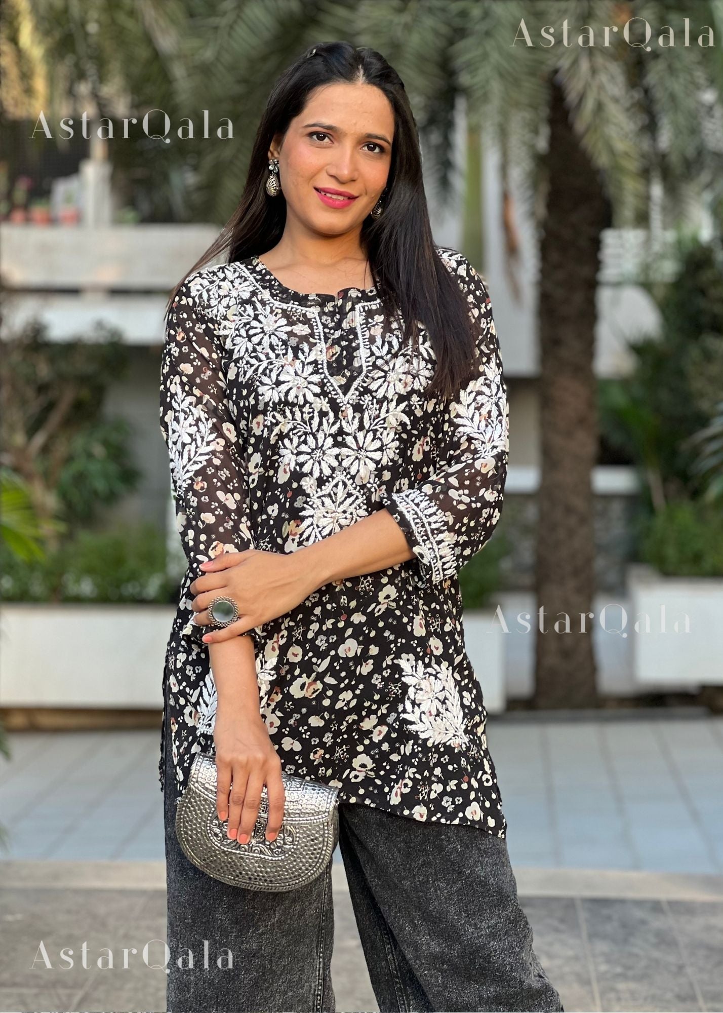 AstarQala - Aiish Straight Chiffon Chikankari Printed Short Kurta Top For Women - Black - 258