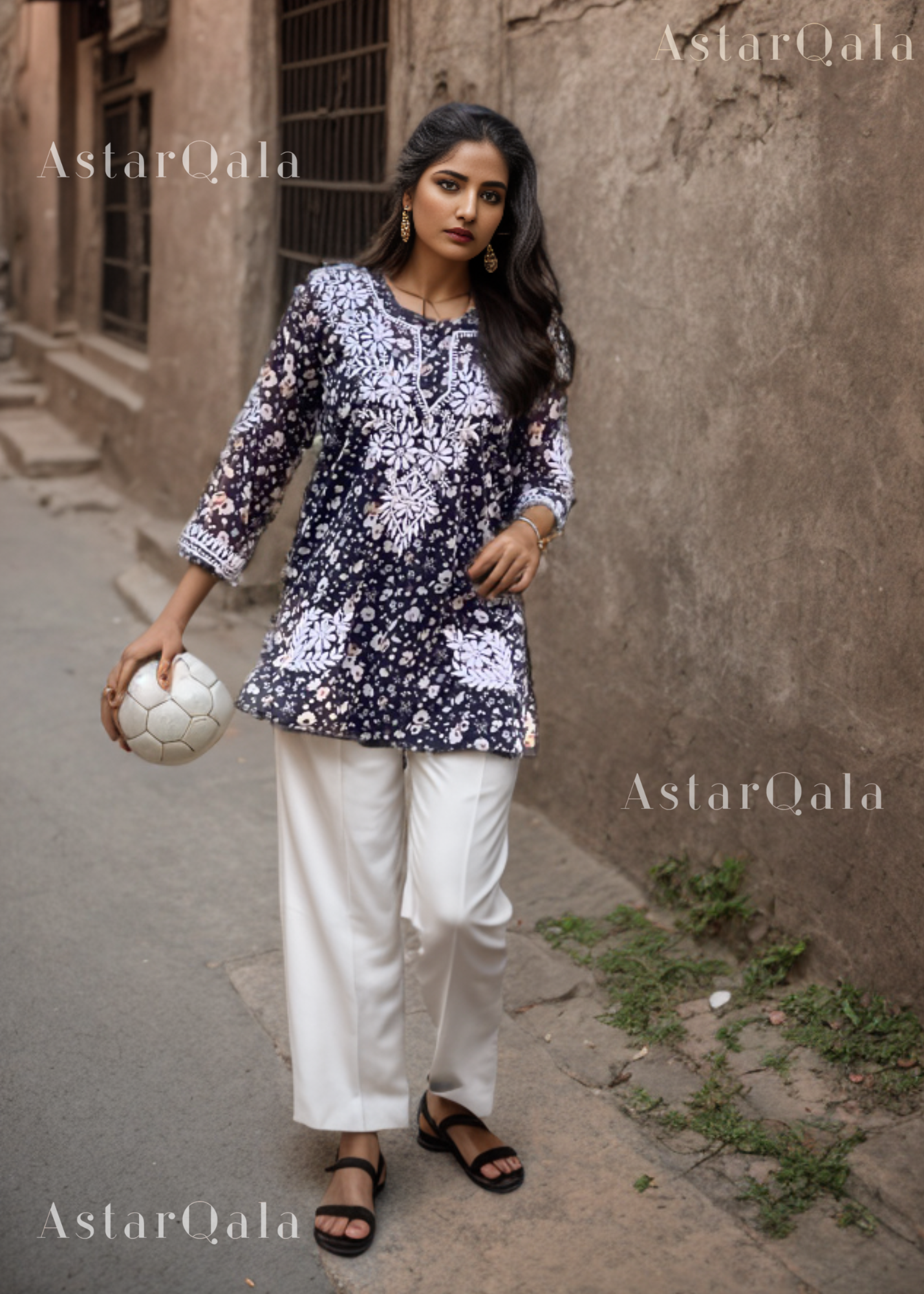 Aiish Straight Chiffon Chikankari Printed Short Kurta Top For Women - Black