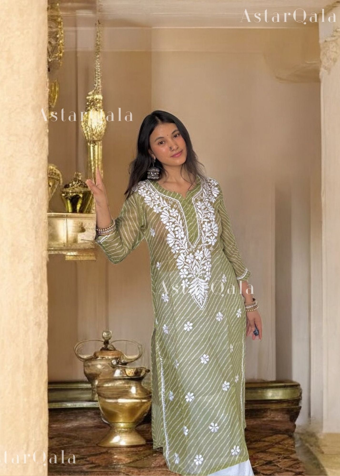 AstarQala - Mahira Leheriya Long Kota Doria Chikankari Kurta For Women - Green - 269_b65c08b1-a1c1-4450-9e9f-933880ba5330