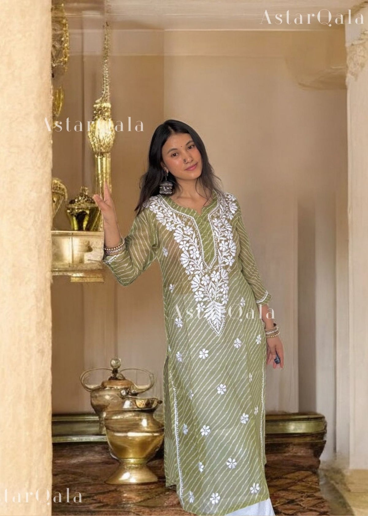 Mahira Leheriya Long Kota Doria Chikankari Kurta For Women