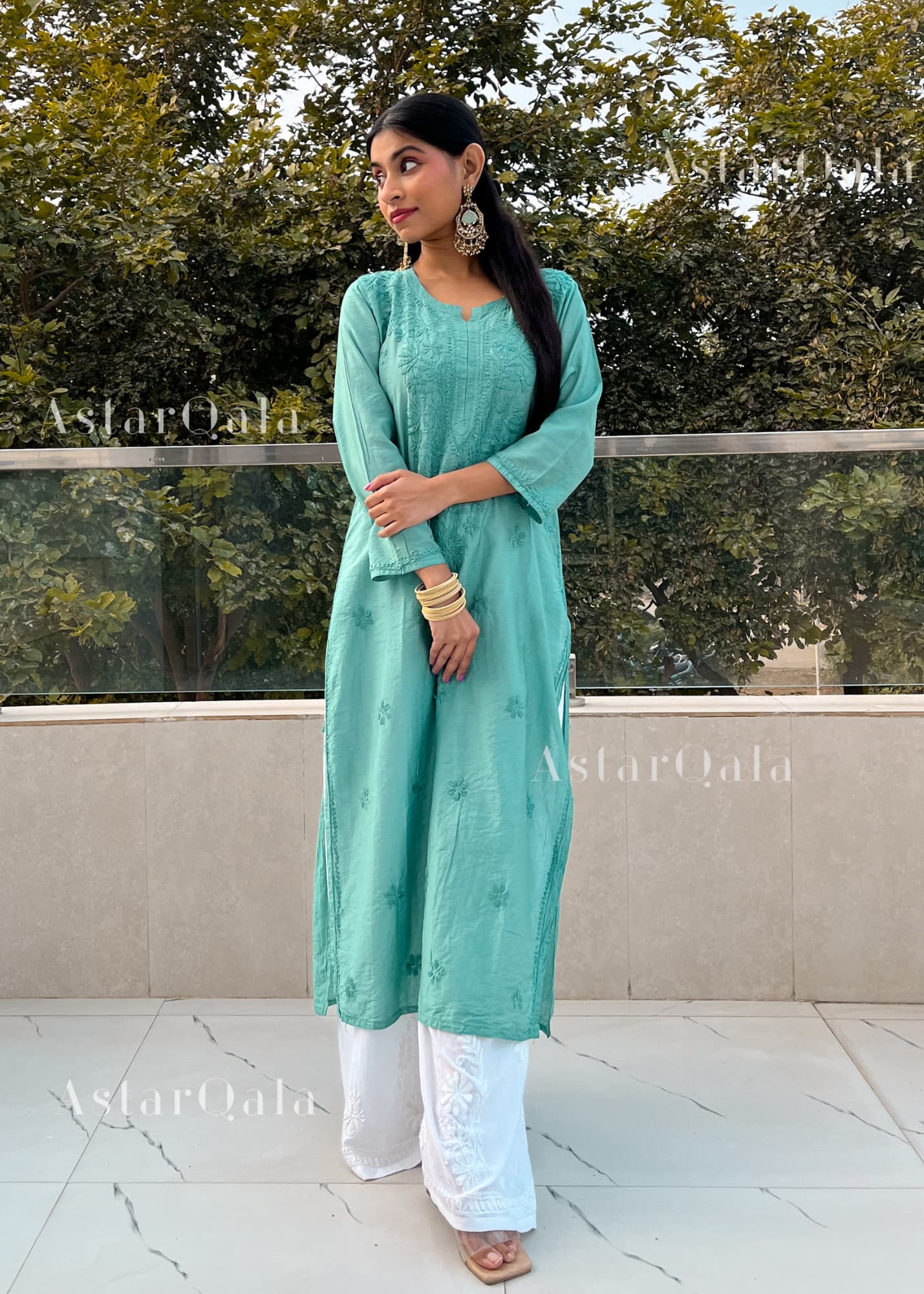 AstarQala - Mehar Chanderi Chikankari Straight Long Kurta For Women - Green - 272