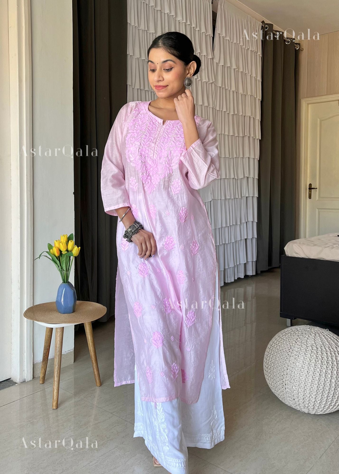 AstarQala - Aspara Chanderi Machine Embroidered Straight Long Kurta For Women - Pink - 28