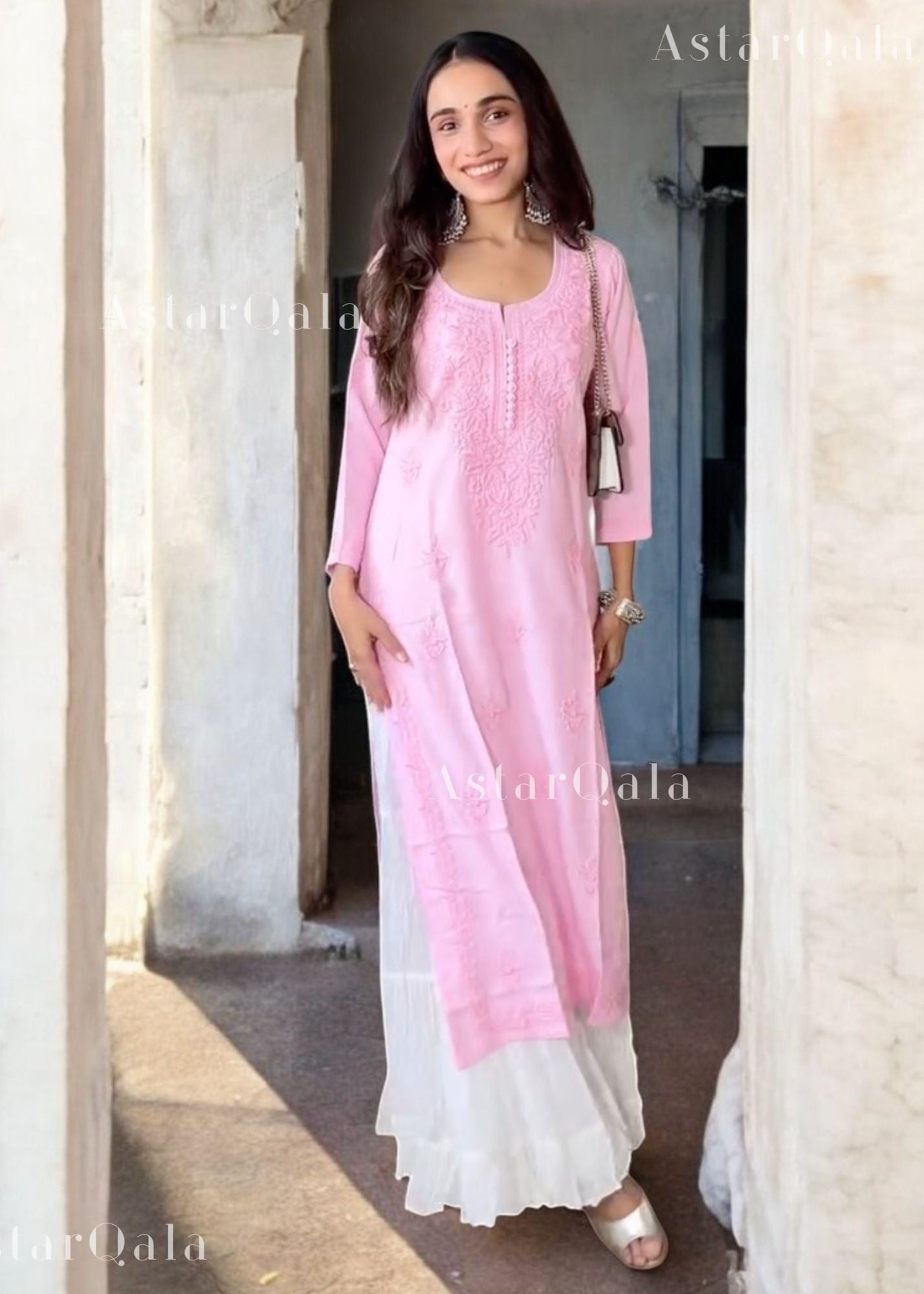 AstarQala - Gazala Rayon Straight Chikankari Kurta For Women - Pink - 290