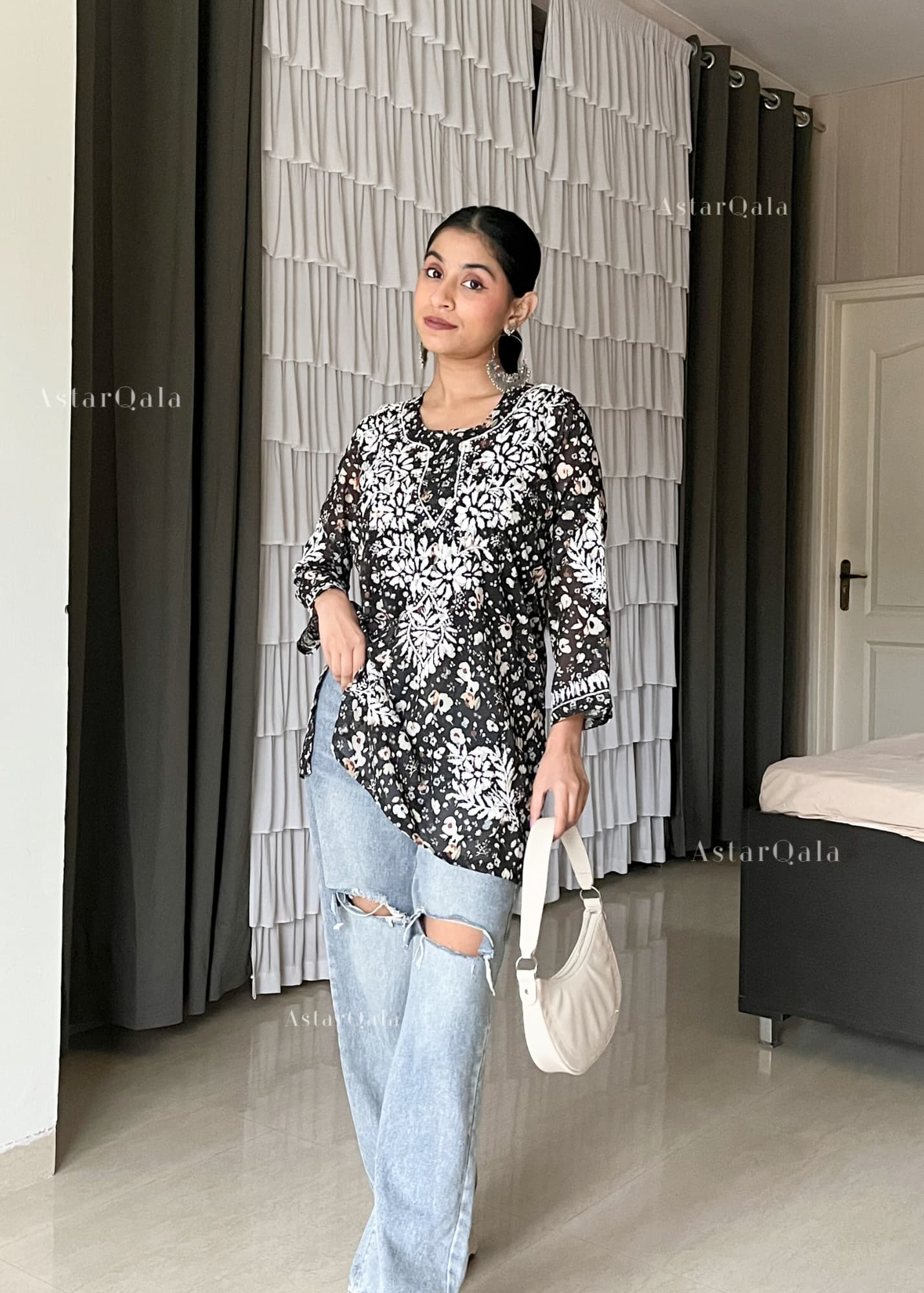 Aiish Straight Chiffon Chikankari Printed Short Kurta Top For Women - Black