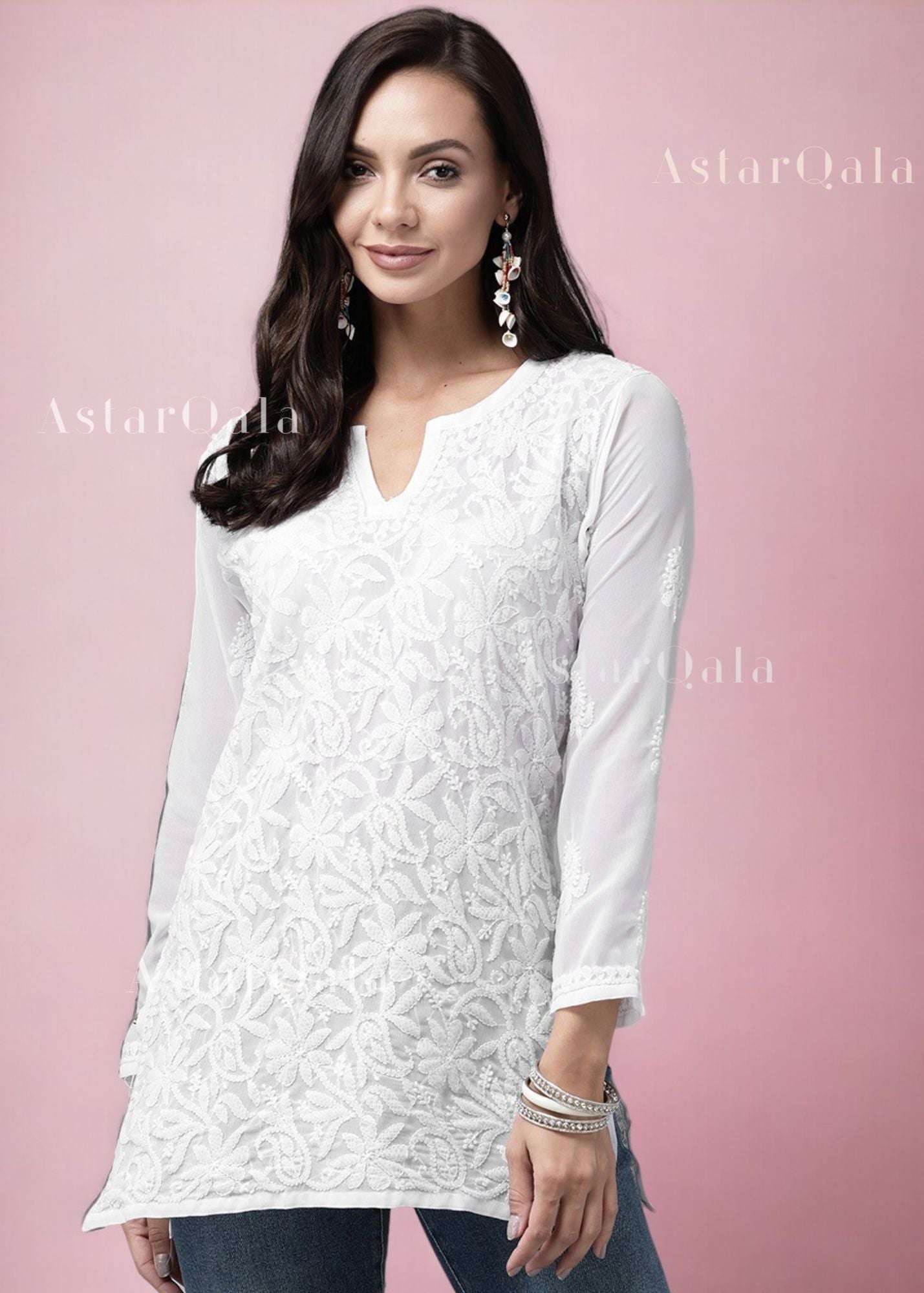 AstarQala - Maithili Georgette Straight Chikankari Short Kurti Top For Women - White - 309