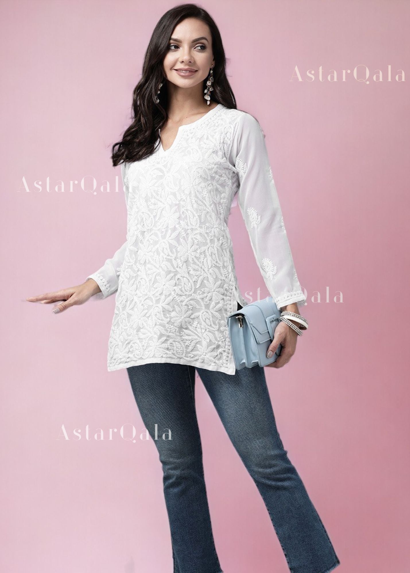 AstarQala - Maithili Georgette Straight Chikankari Short Kurti Top For Women - - 311