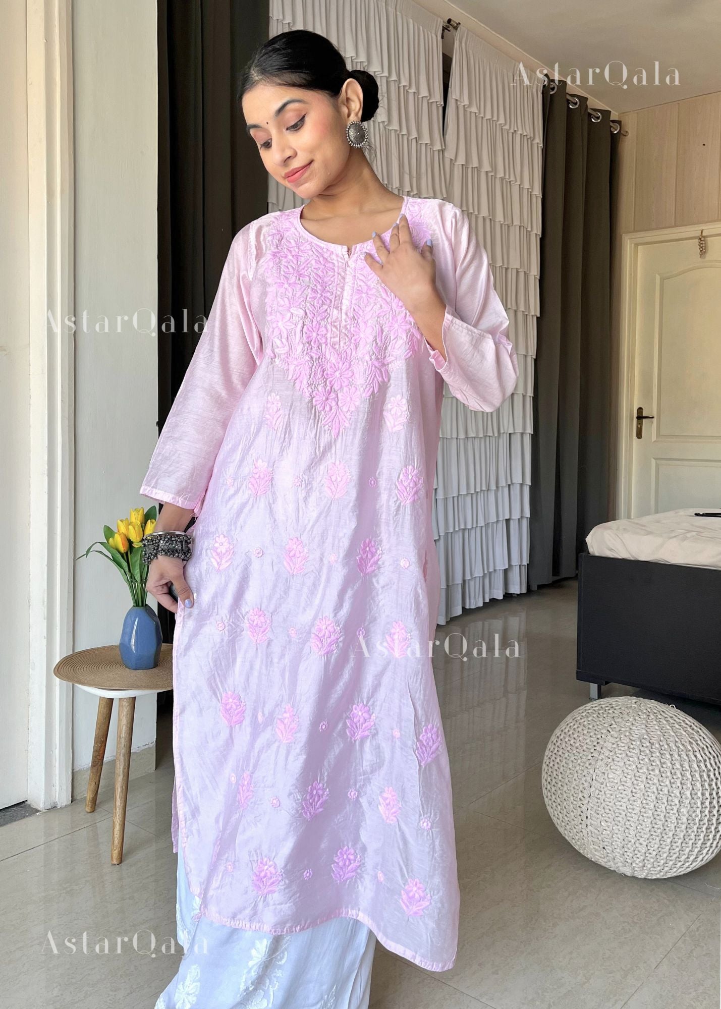 AstarQala - Aspara Chanderi Machine Embroidered Straight Long Kurta For Women - - 32