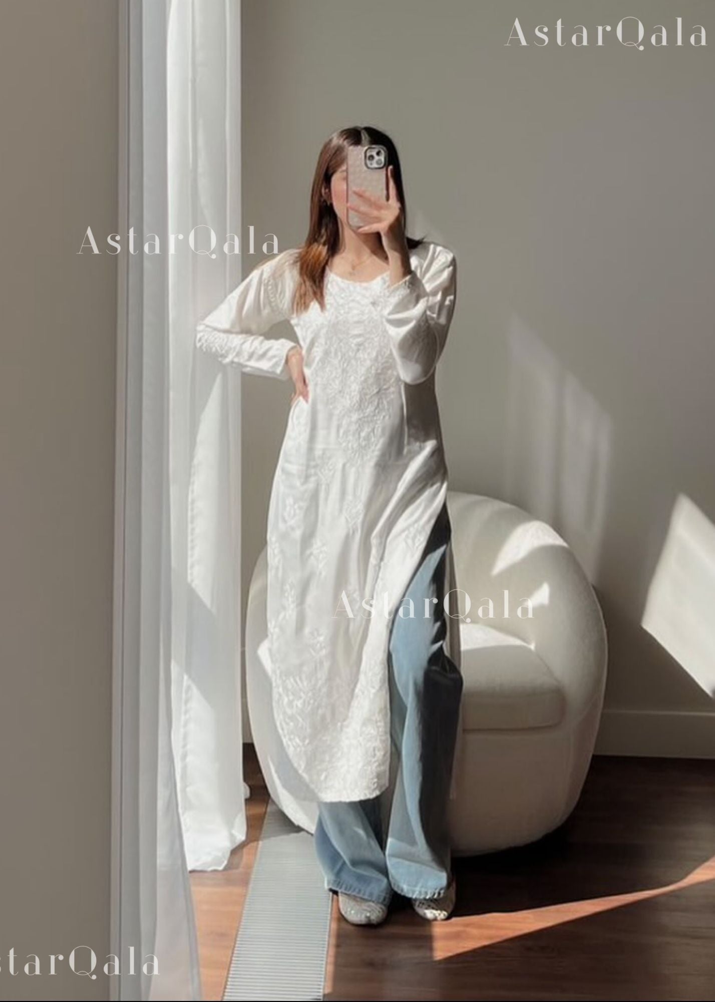 AstarQala - Raga Chanderi Chikankari Solid Women's Long Kurta - White - 340_634bb1a0-bfa5-4694-b996-40af2dd1e6d0