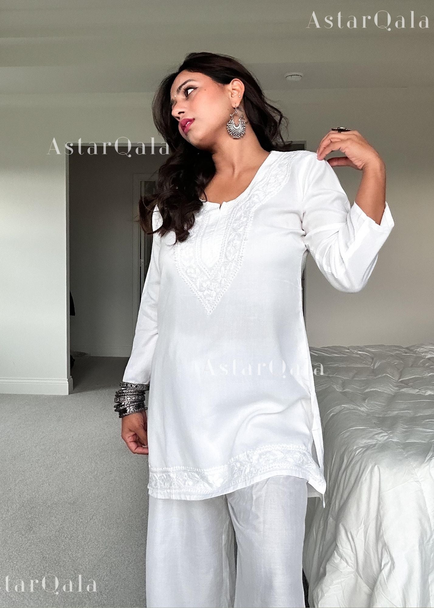 AstarQala - Kari Chikankari Short Kurti &amp; Palazzo Co-ord Set in Rayon for Women - - 347_b514d4b8-d11d-4133-97cc-85b093694091
