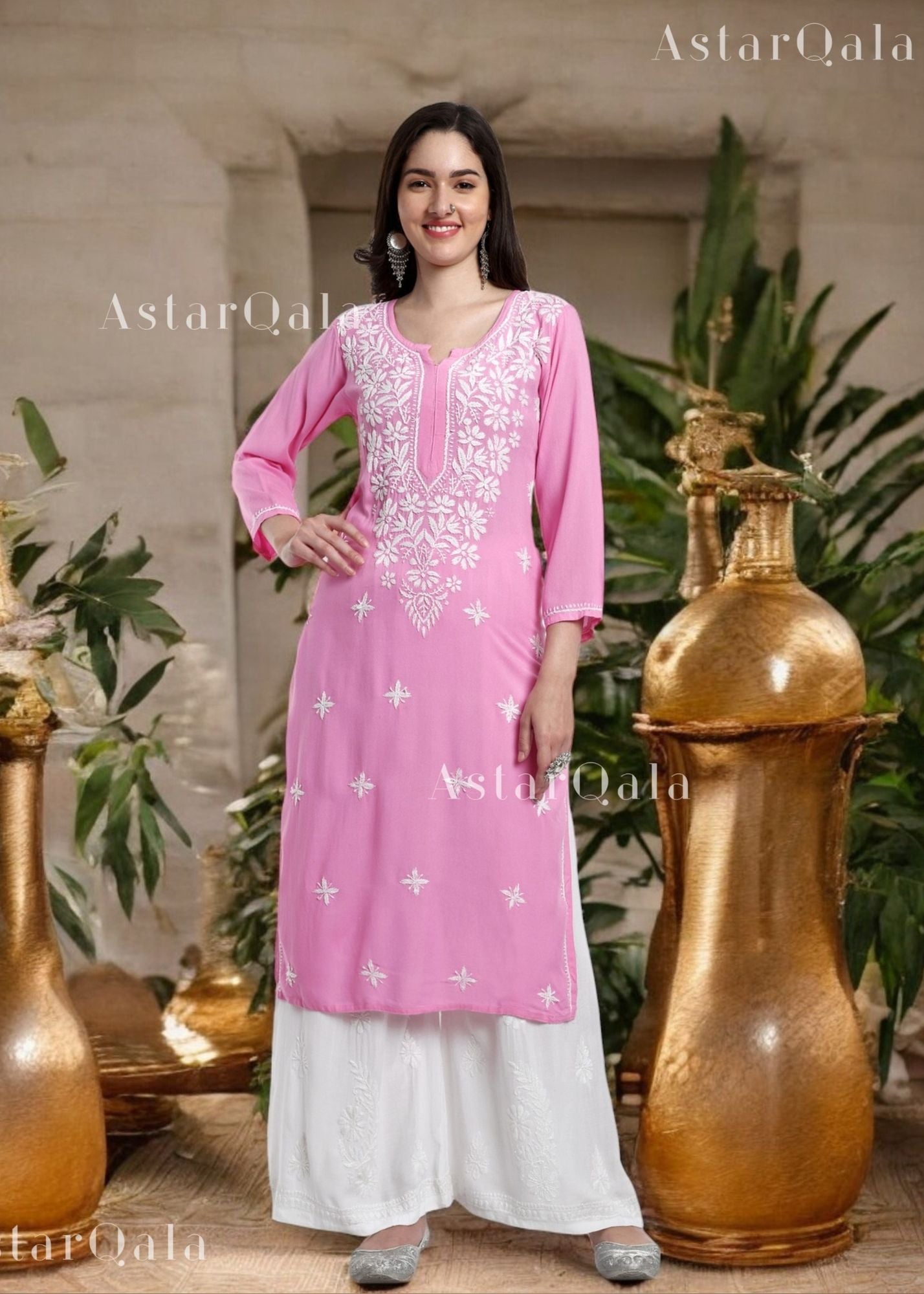 AstarQala - Sehar Rayon Straight Chikankari Kurta For Women - Pink - 350