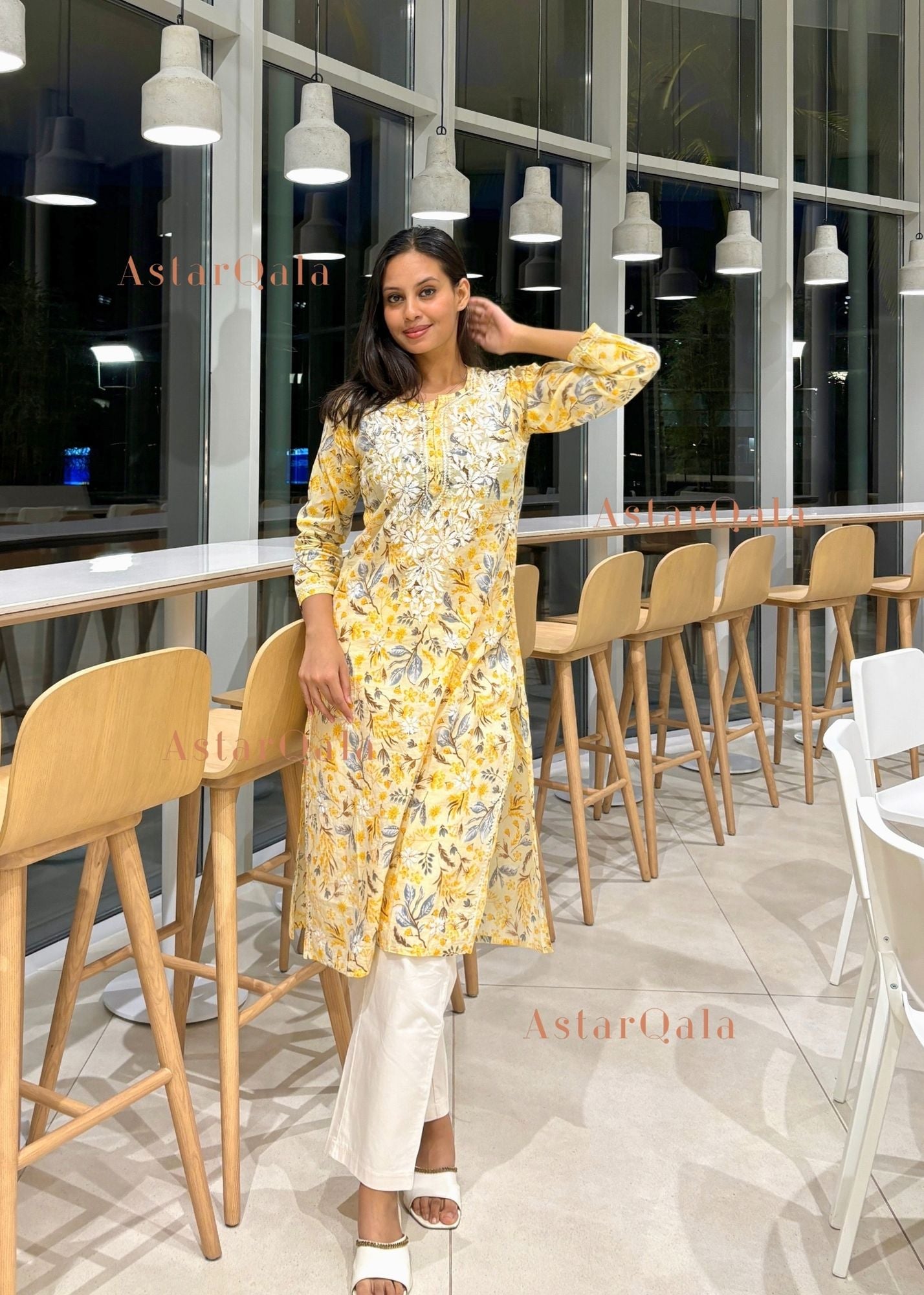 AstarQala - Farheen Mulmul Floral Printed Chikankari Kurti For Women's - Light Yellow - 356