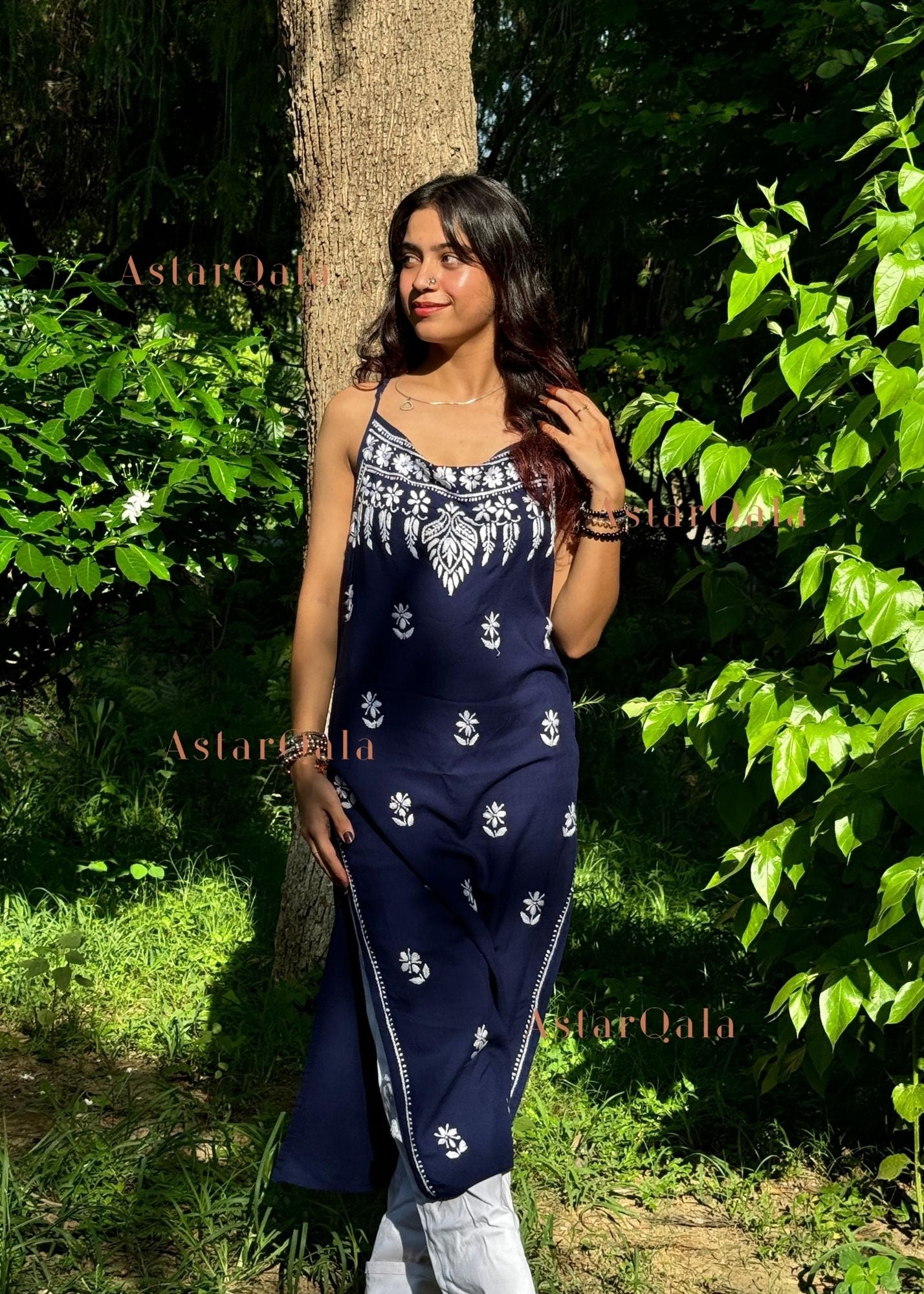 AstarQala - Bushra Rayon Chikankari Sleeveless Long Strap Kurti - Blue Kurti - 371_08be5112-c203-49d6-8495-ba92844806f9