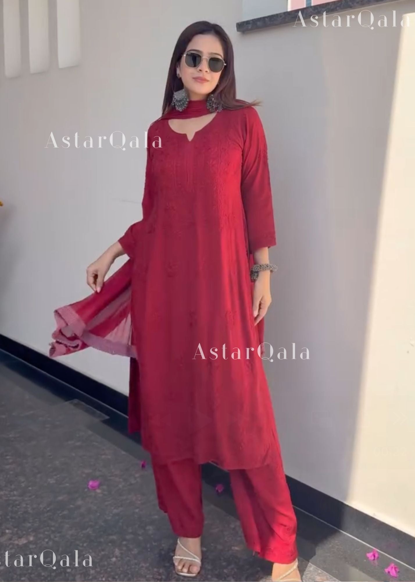 AstarQala - Ulfat Chikankari Rayon Ombré 3 Piece Kurta Set With Dupatta - Red - 413_7cdbfac4-5c67-465c-a4a7-5c6db6d9607d