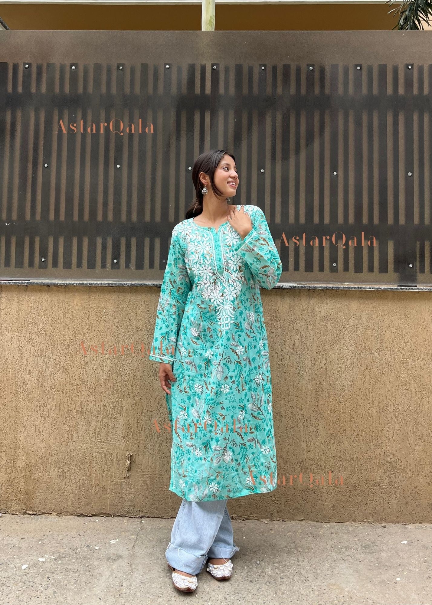 AstarQala - Farheen Mulmul Floral Printed Chikankari Kurti For Women's - Turquoise - 432