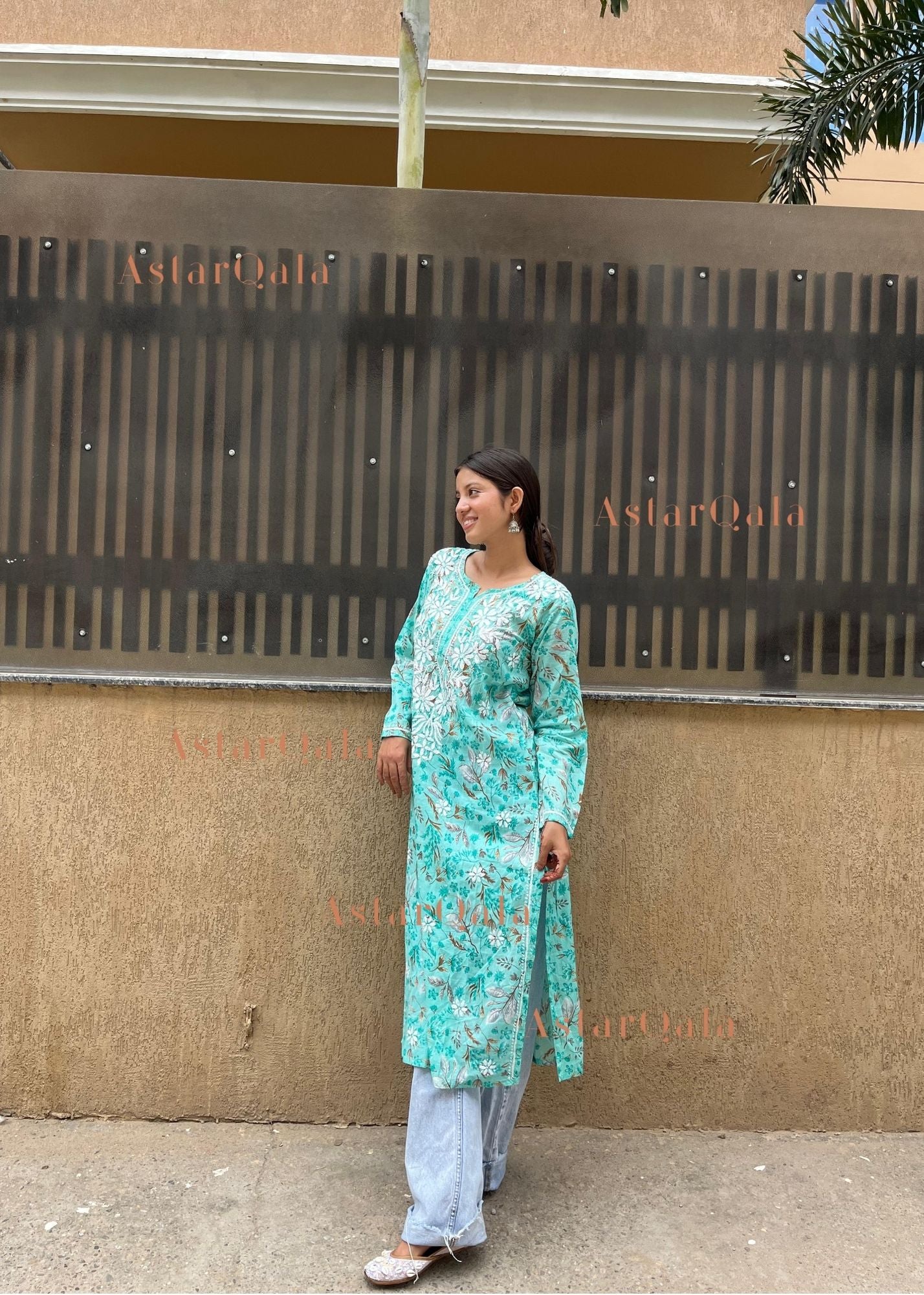 AstarQala - Farheen Mulmul Floral Printed Chikankari Kurti For Women's - - 434