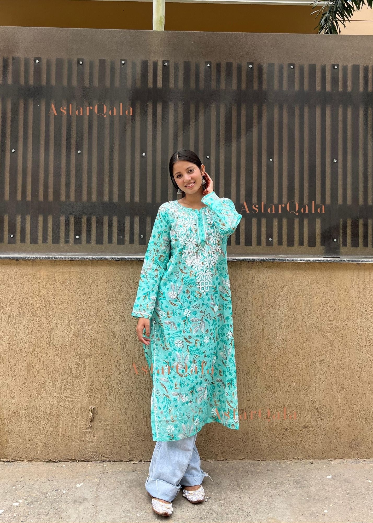 AstarQala - Farheen Mulmul Floral Printed Chikankari Kurti For Women's - - 436
